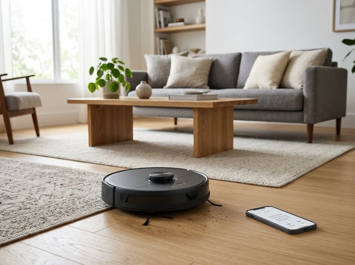 Un aspirateur robot connecté nettoie le sol d’un salon moderne et lumineux.