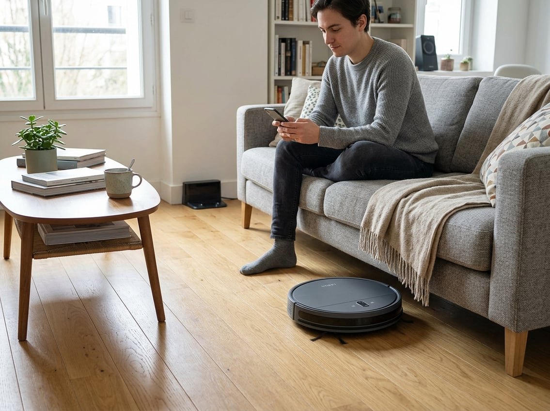 Un aspirateur robot nettoie le sol d’un salon moderne tandis qu’une personne le regarde avec un smartphone.