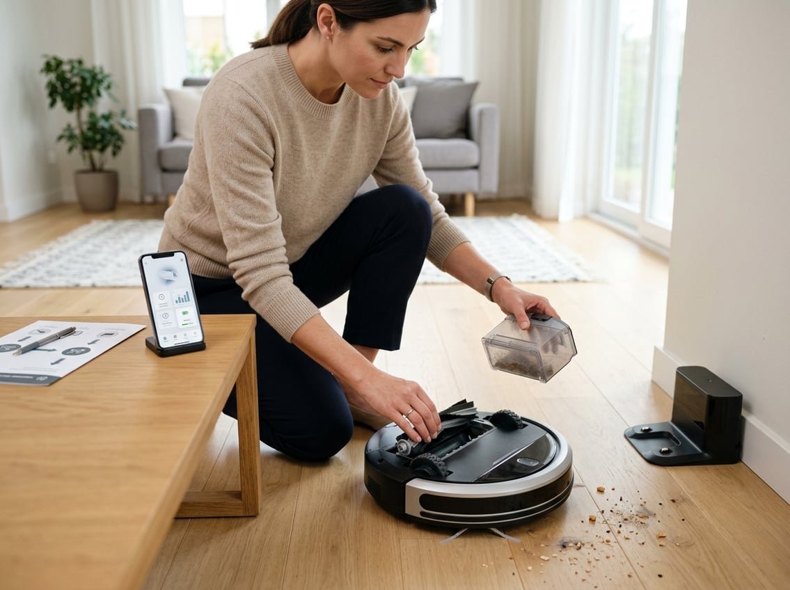 Une personne examine un aspirateur robot dans un salon moderne avant de l’acheter.