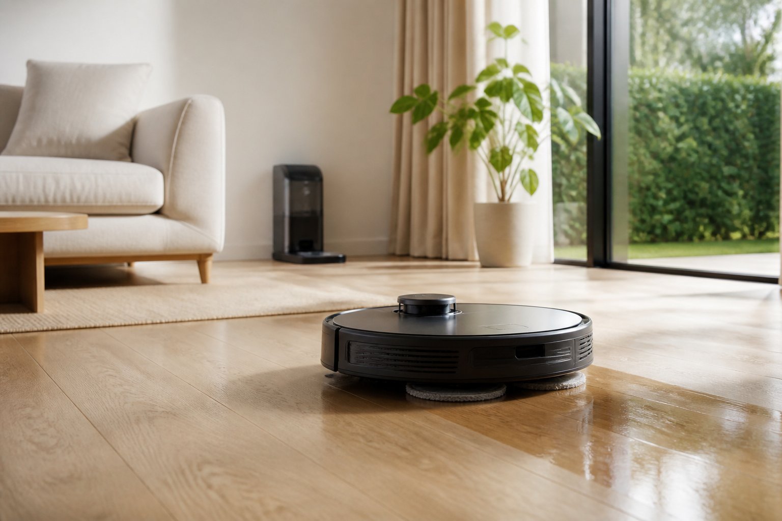 Un aspirateur robot moderne se déplace sur le sol clair d'un salon contemporain.