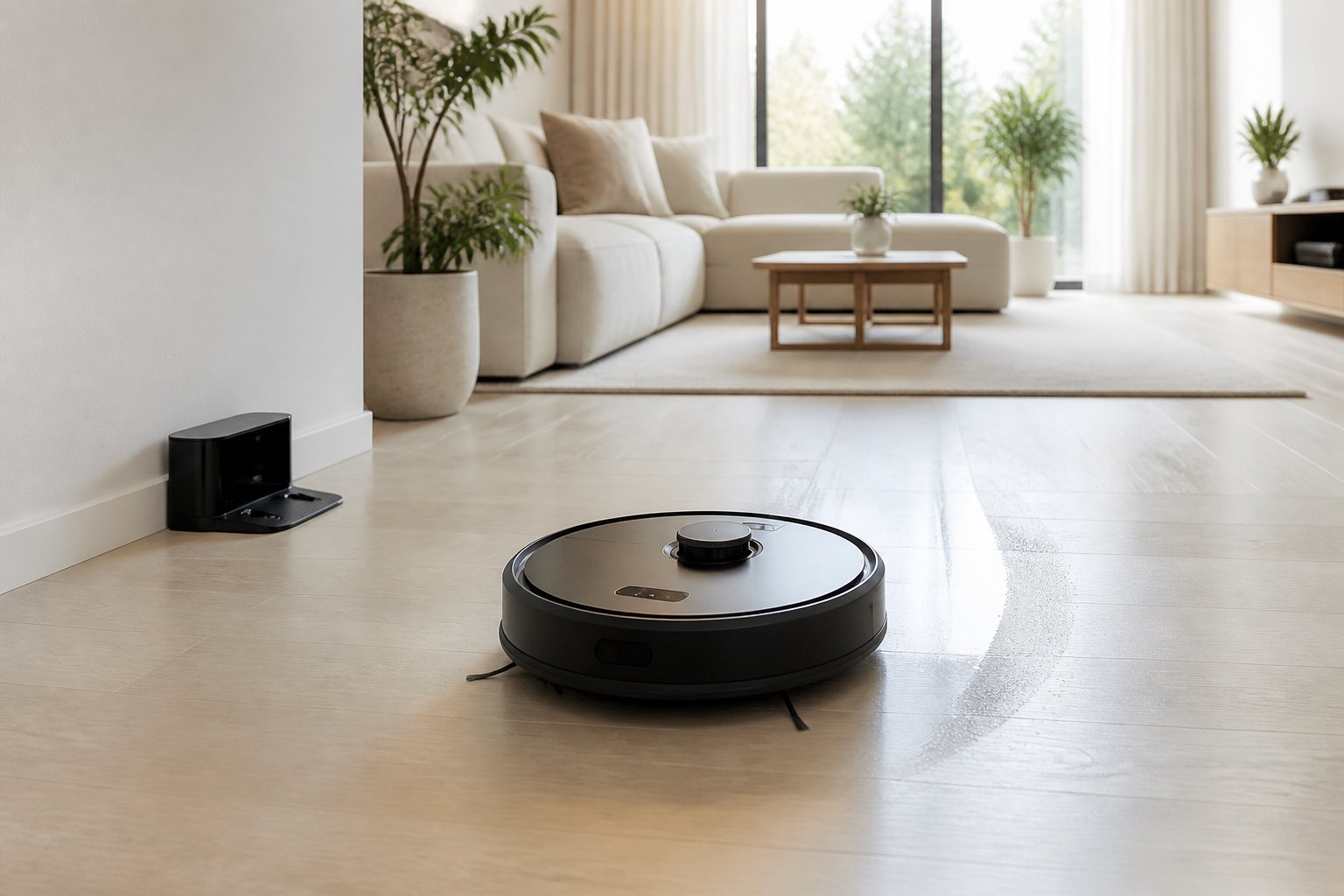 Aspirateur robot laveur noir placé sur le sol d'un salon moderne près de sa station de recharge.