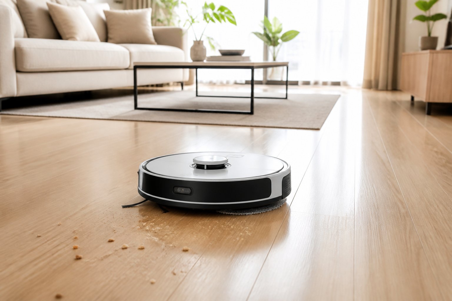 Un aspirateur robot lave et aspire un sol en bois dans un salon moderne et lumineux.
