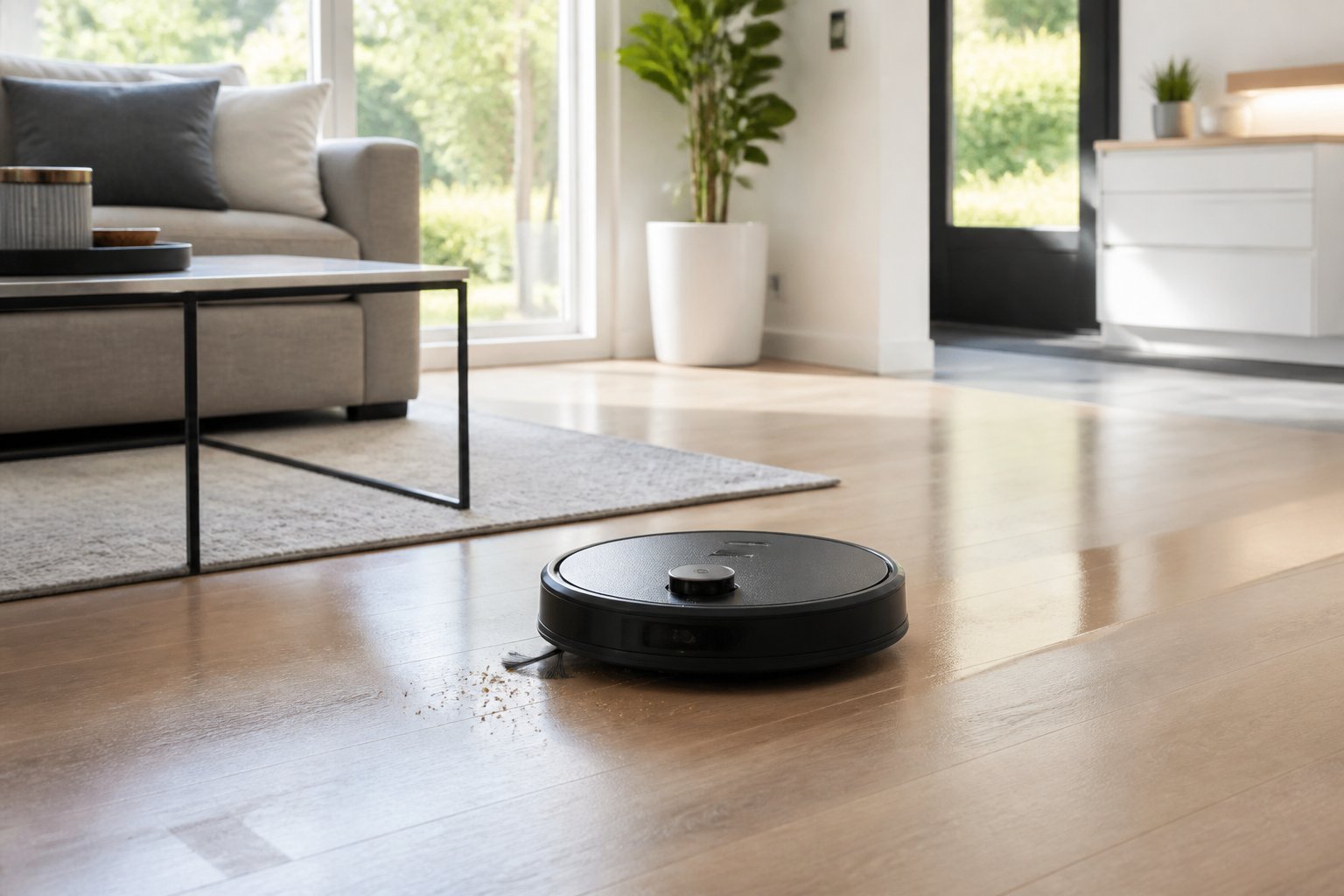 Un aspirateur robot nettoie le sol d'un salon moderne.