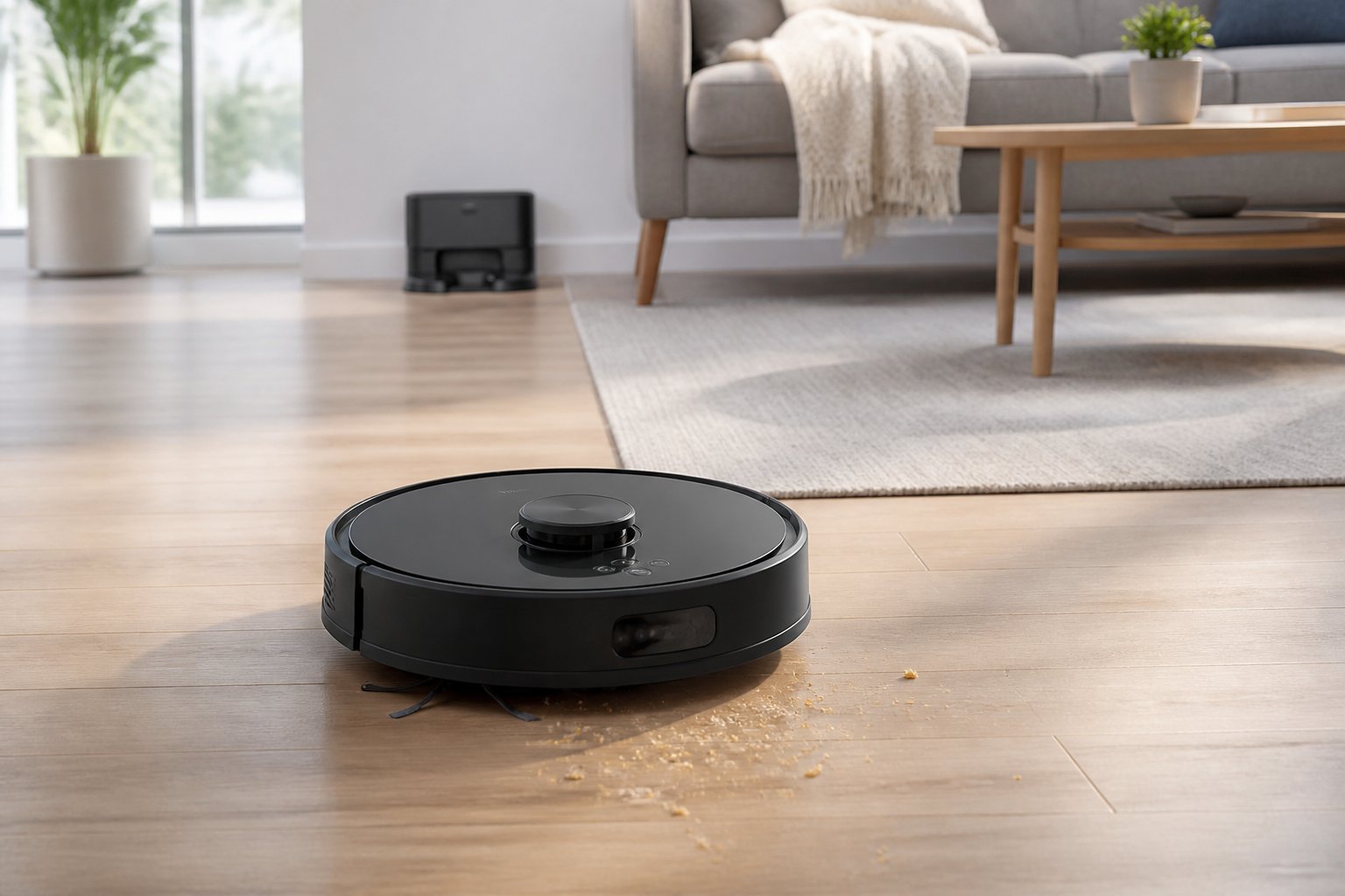 Un aspirateur robot rond nettoie le sol clair d'un salon moderne près de sa station de charge.