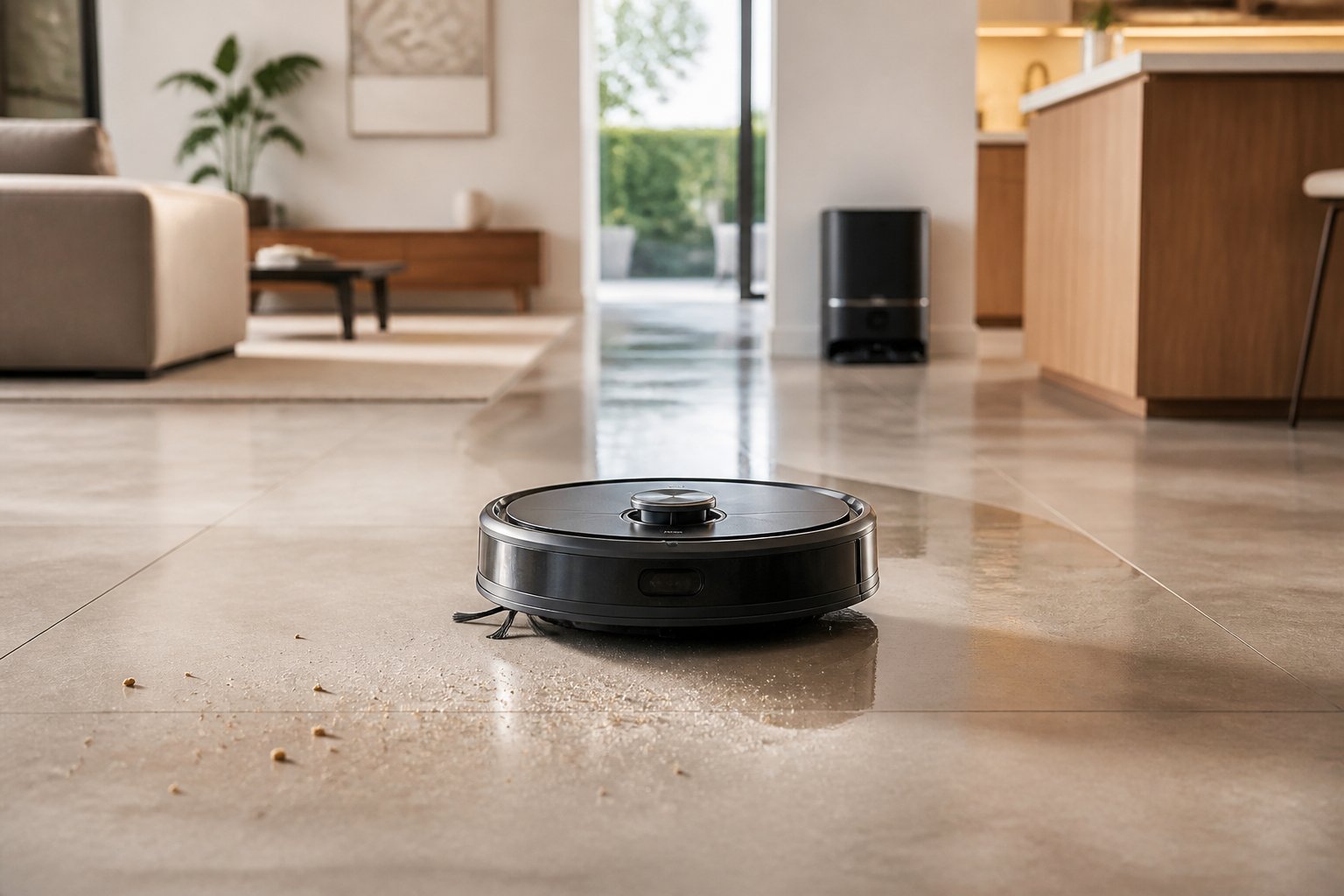 Un aspirateur robot nettoie le sol d'un intérieur moderne entre le salon et la cuisine.
