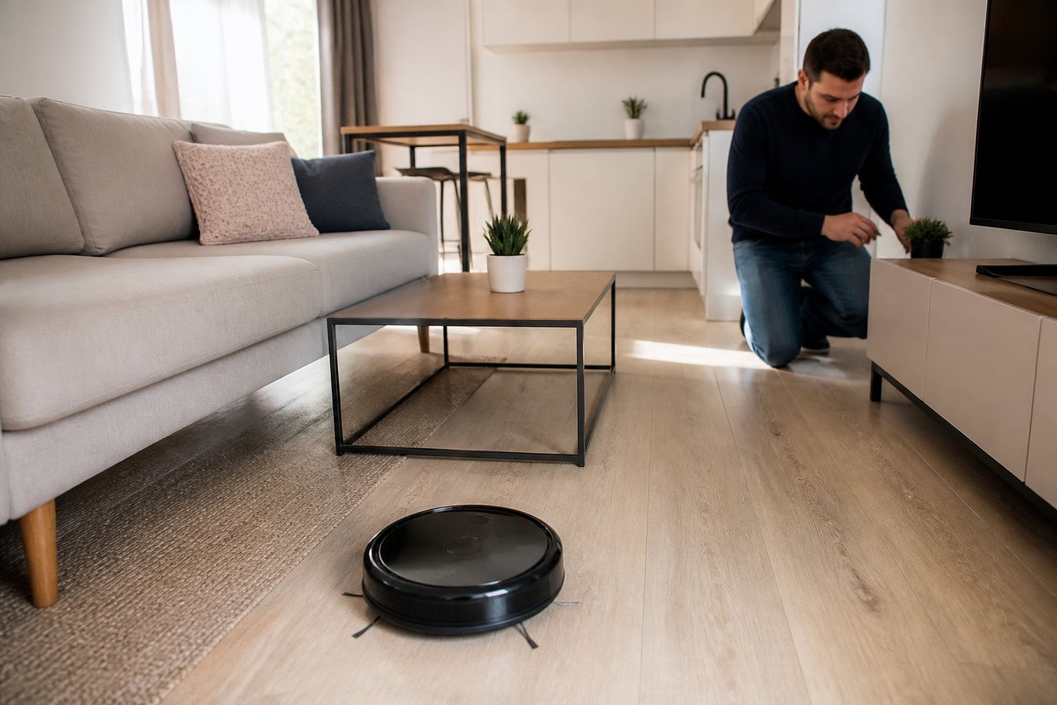 Un aspirateur robot nettoie le sol d'un petit appartement moderne sous le regard d'une personne.
