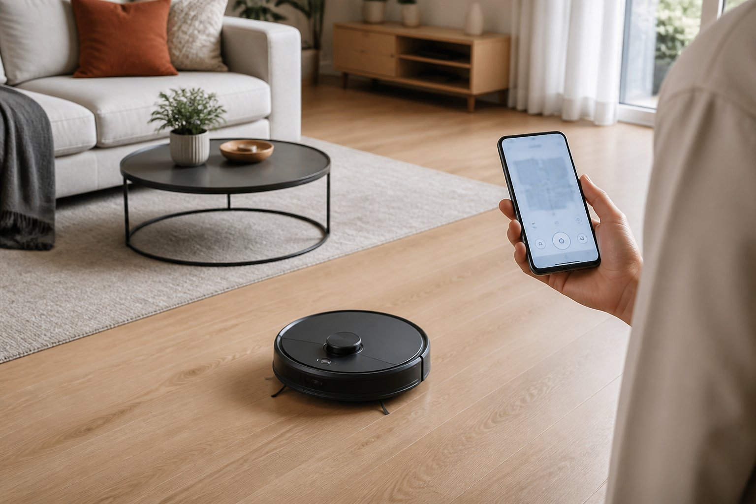 Un aspirateur robot nettoie le sol d'un salon moderne tandis qu'une personne le contrôle avec un smartphone.