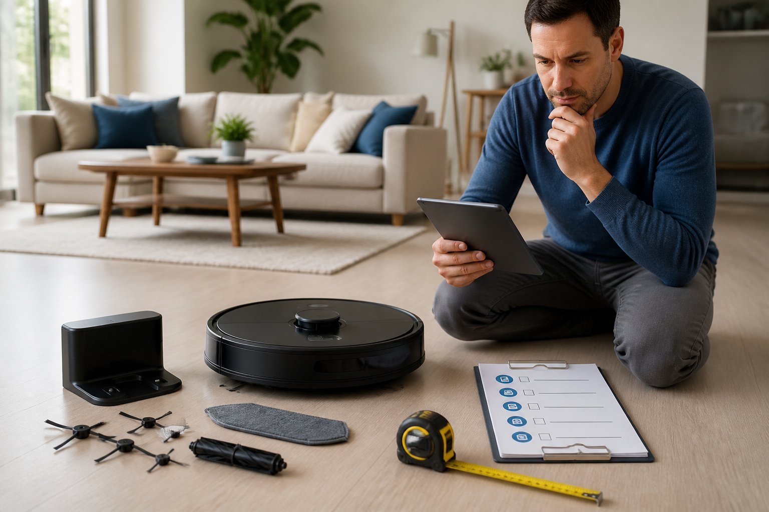 Une personne compare les caractéristiques d'un aspirateur robot posé dans un intérieur moderne.