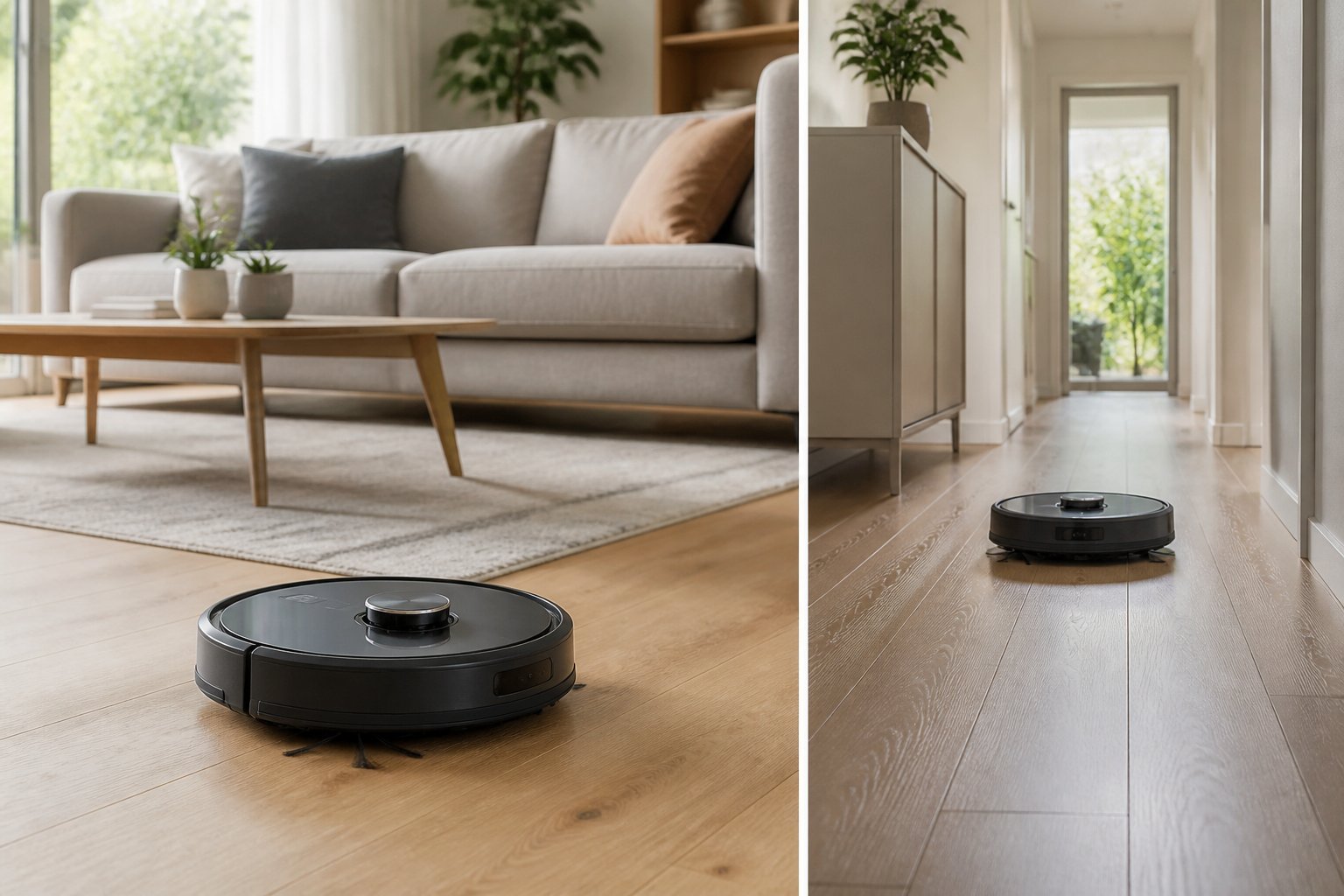 Un aspirateur robot noir nettoie le sol d’un salon moderne et lumineux.
