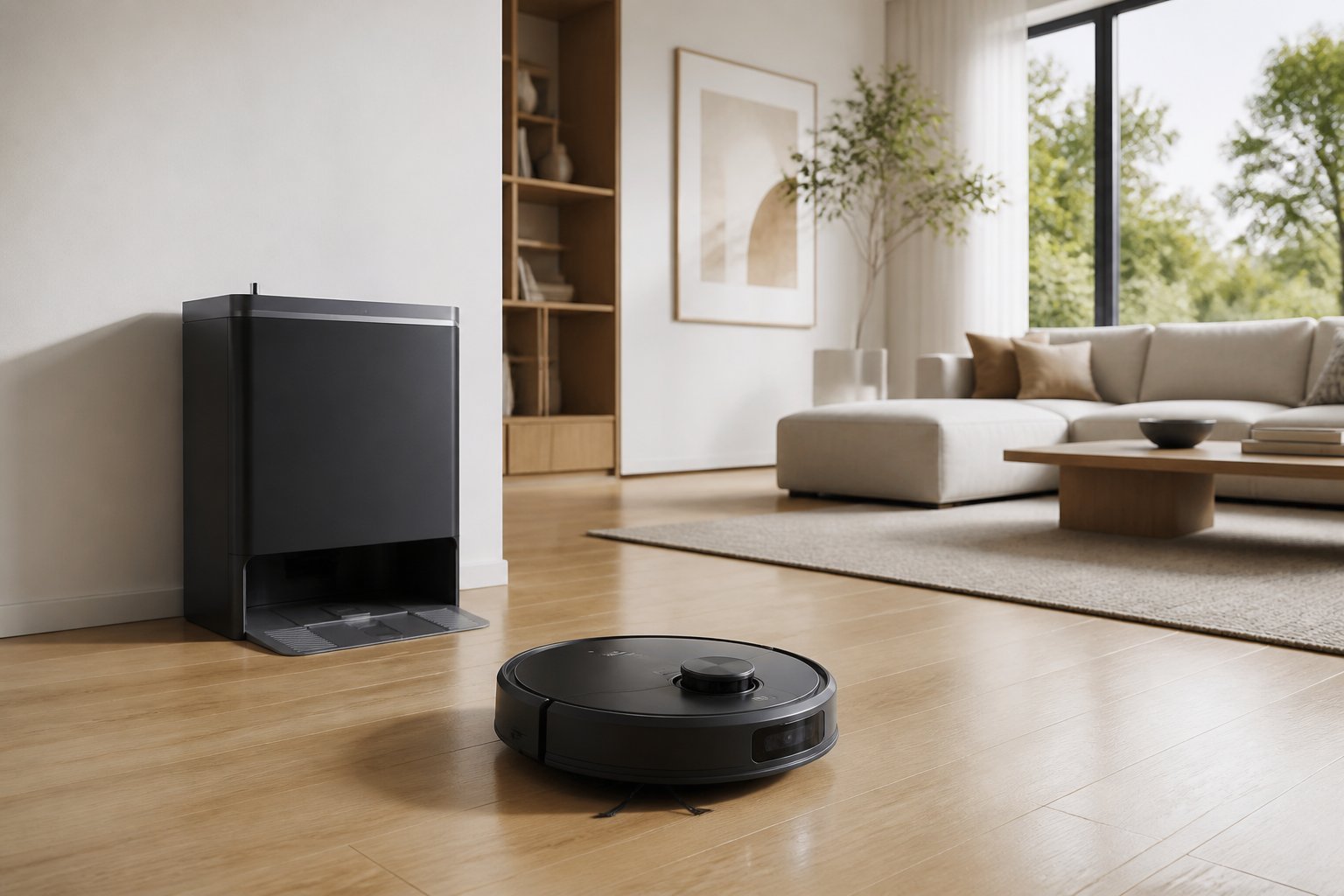 Un aspirateur robot noir posé devant sa station dans un salon moderne et lumineux.