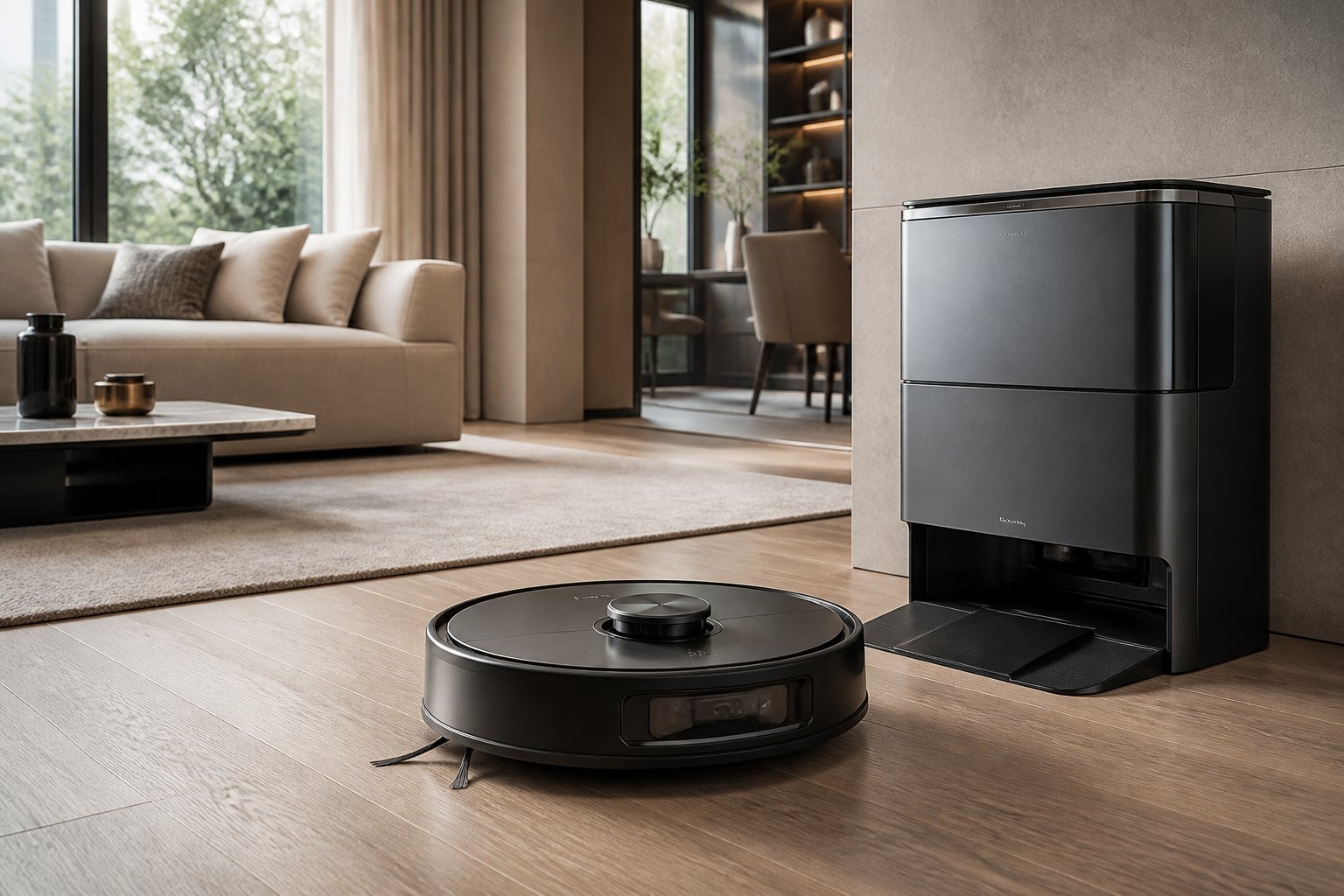Aspirateur robot haut de gamme installé devant sa station dans un salon moderne lumineux.