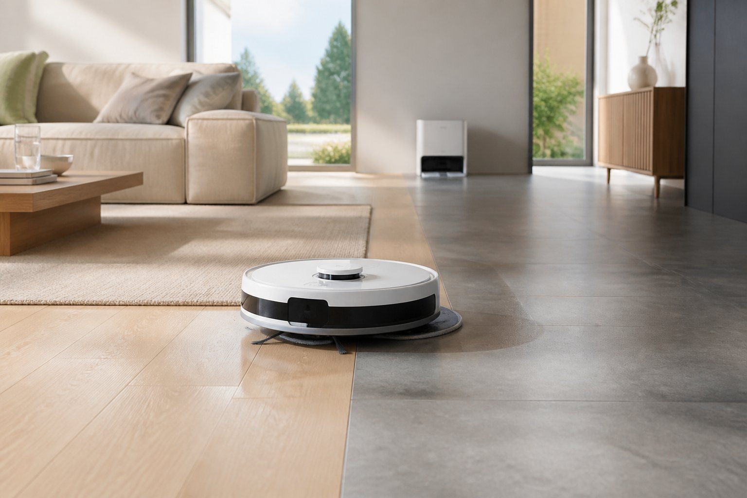 Un aspirateur robot nettoie une pièce moderne composée de parquet, de carrelage et d'un tapis.