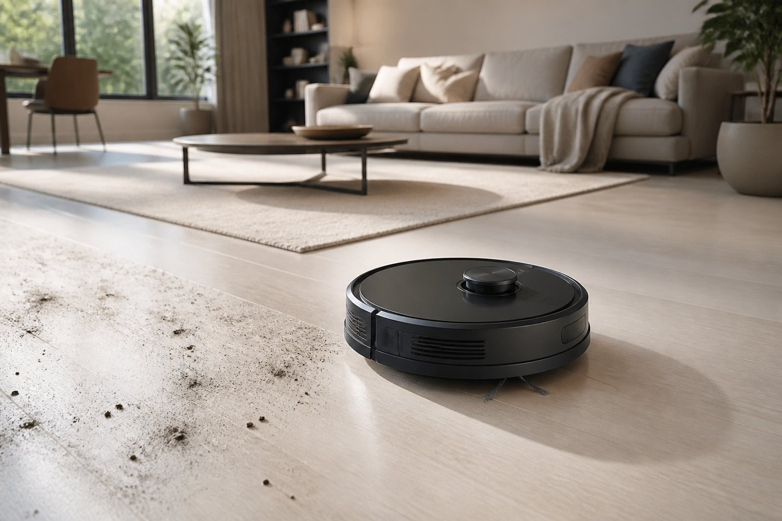 Un aspirateur robot rond placé sur le sol clair d'un salon moderne et lumineux.