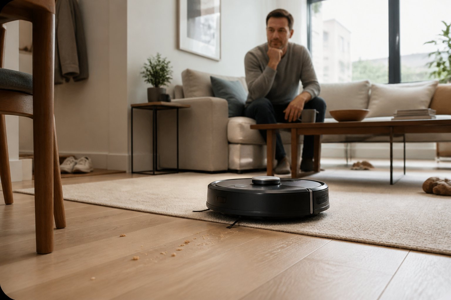 Un aspirateur robot nettoie le sol d'un salon moderne sous le regard attentif d'une personne.