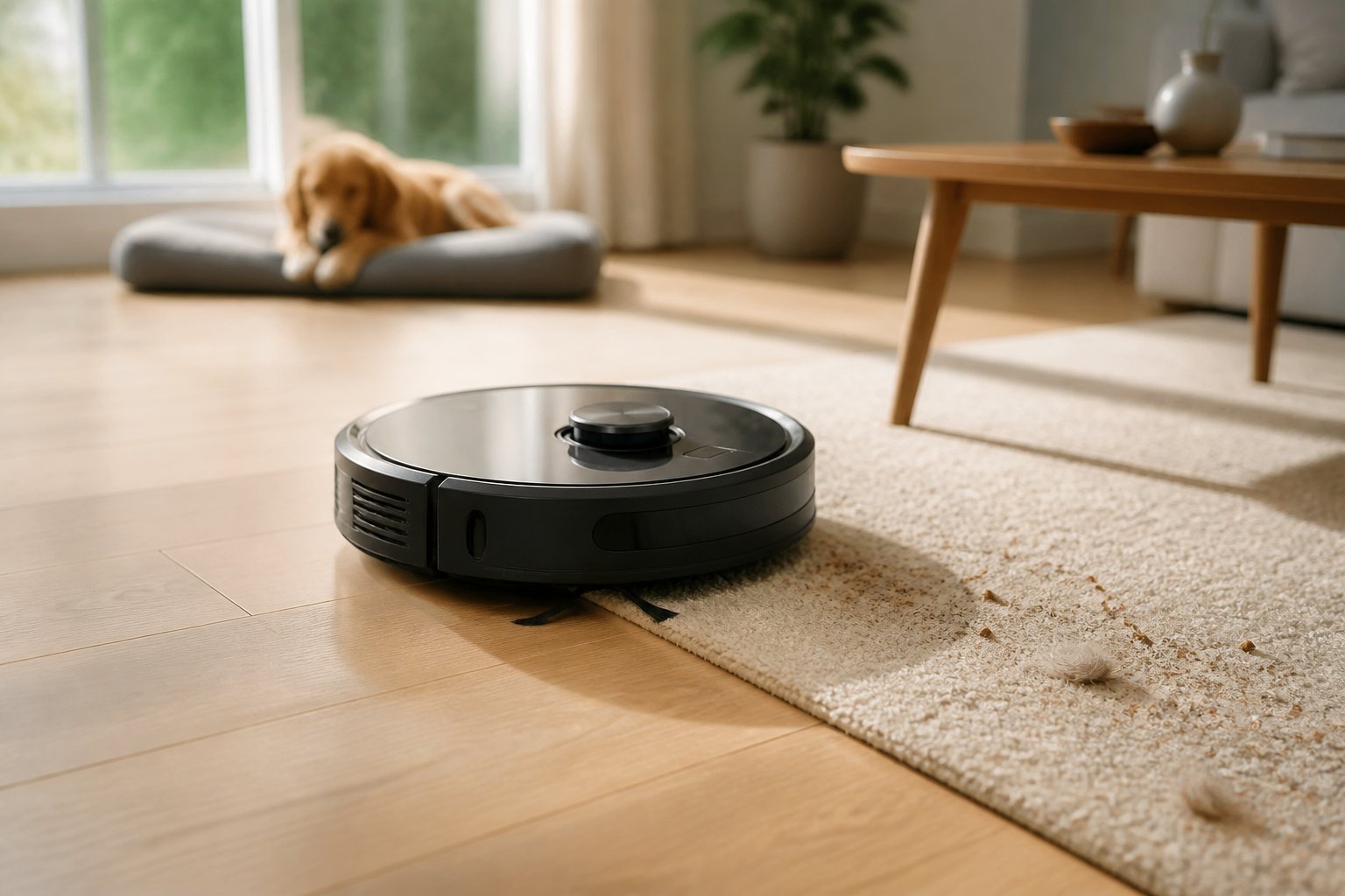 Un aspirateur robot nettoie la jonction entre un sol dur et un tapis, avec quelques poils d'animal visibles dans un intérieur lumineux.