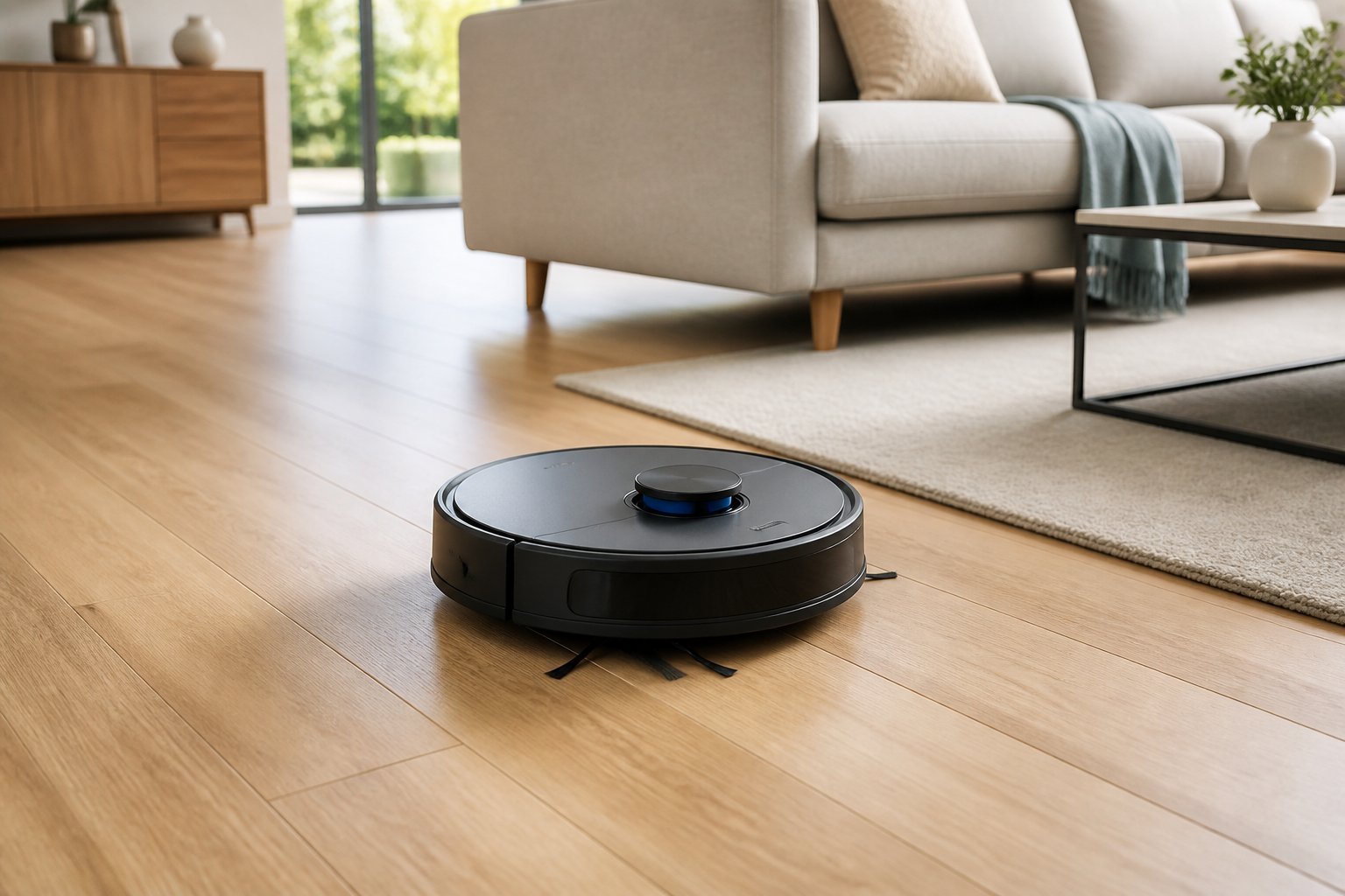 Un aspirateur robot noir nettoie le sol d'un salon moderne et lumineux.