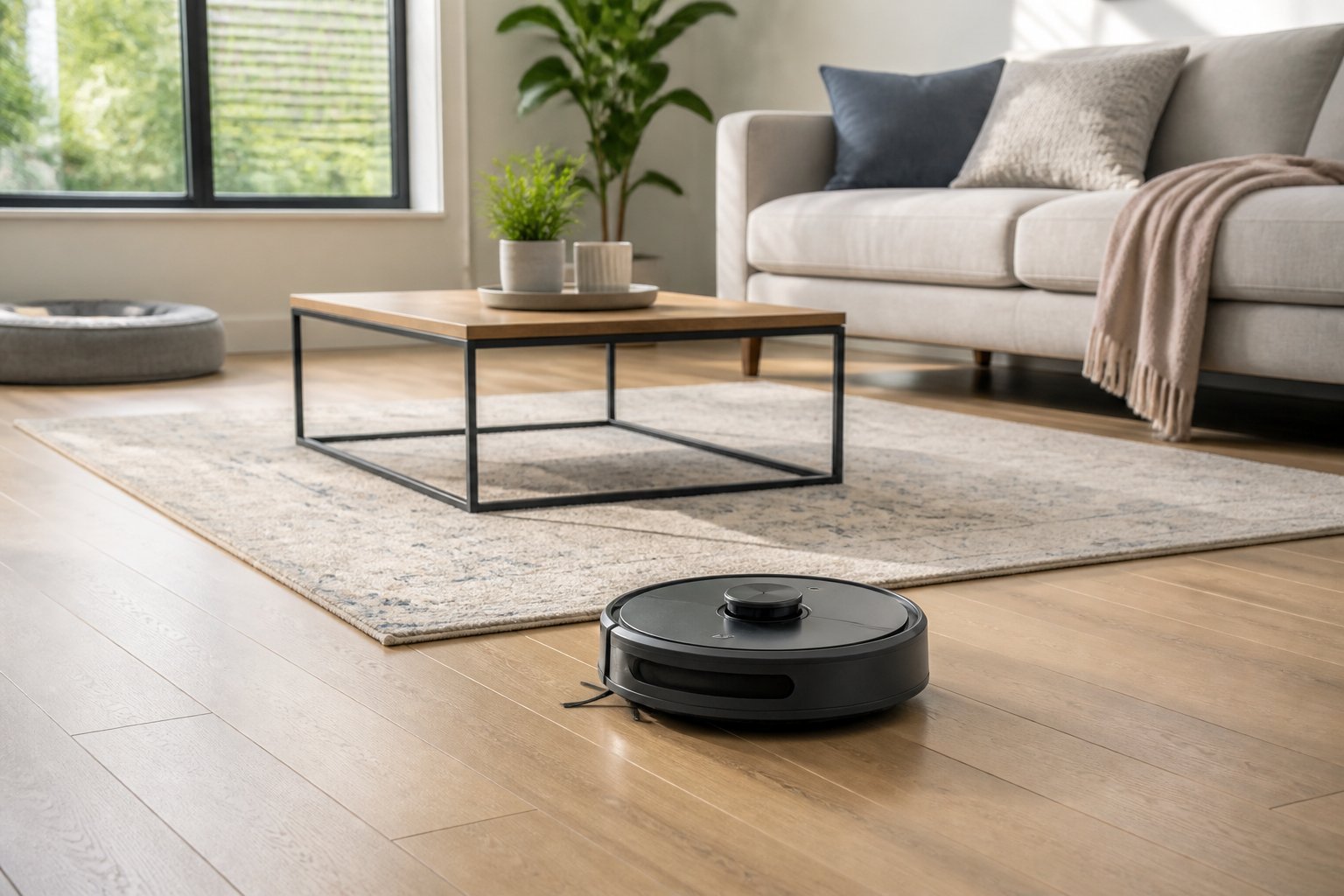 Un aspirateur robot nettoie le sol d'un salon moderne et lumineux.
