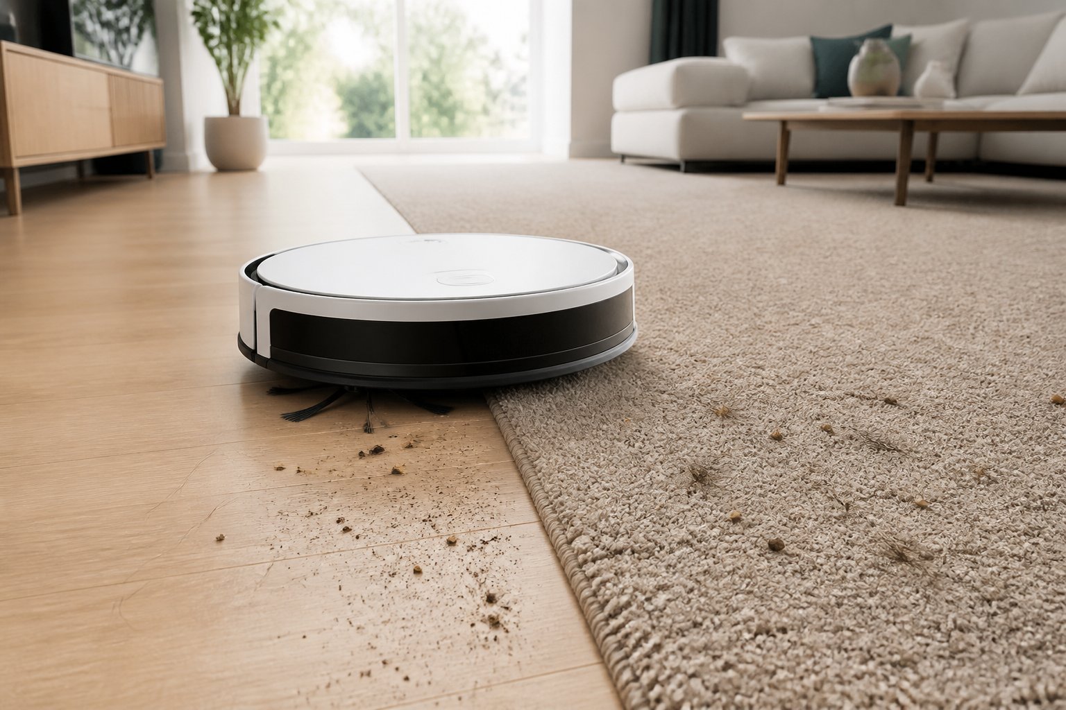 Un aspirateur robot nettoie une moquette beige après avoir traversé un sol en bois clair.