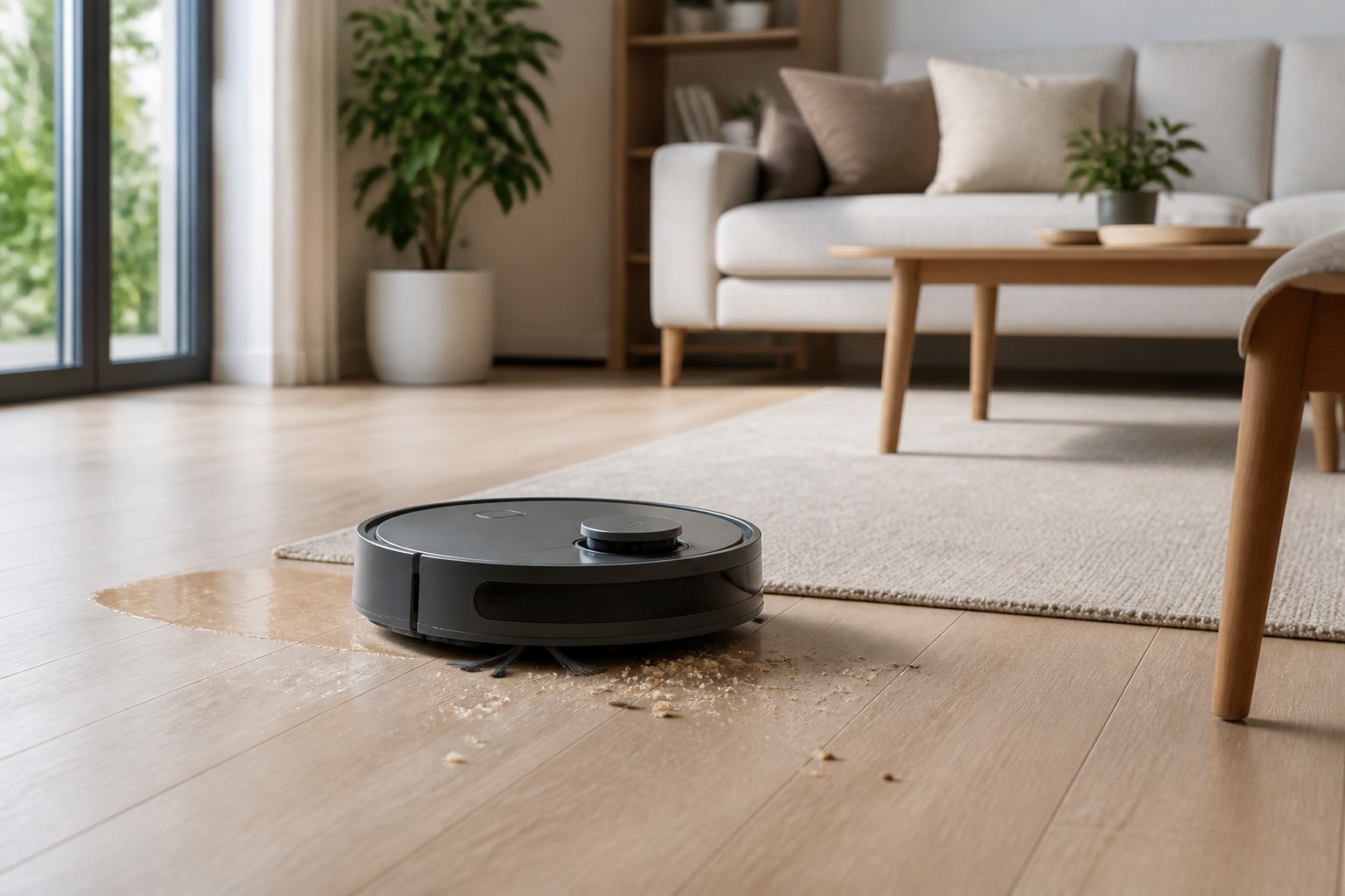 Un aspirateur robot nettoie le sol d'un salon moderne et lumineux.