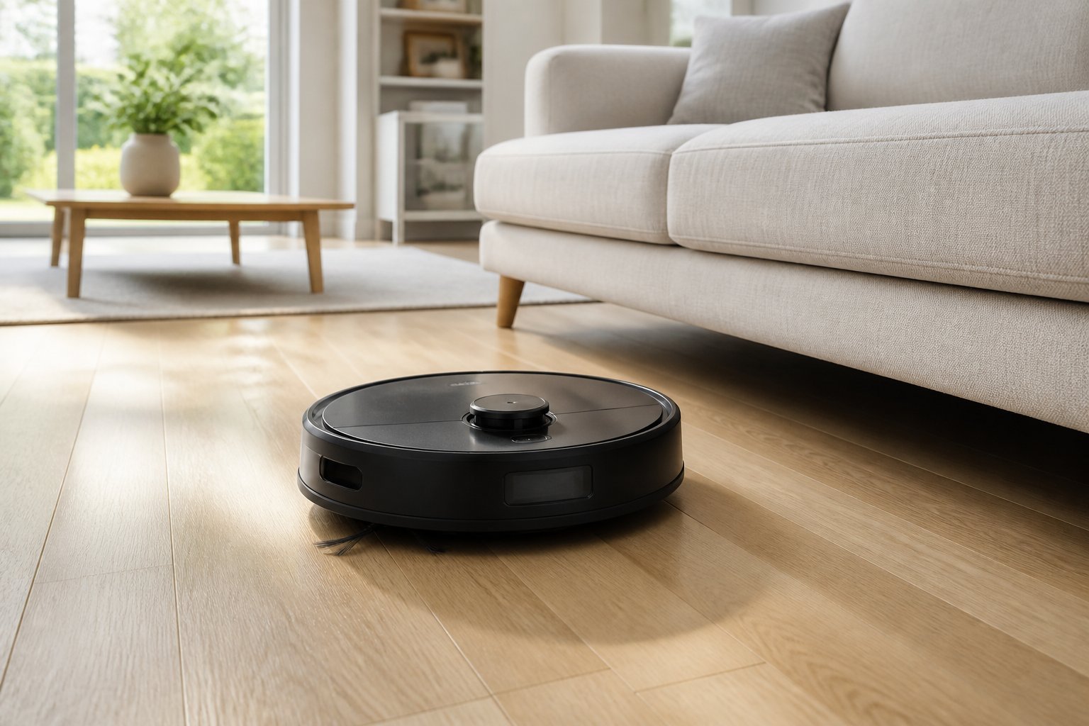 Un aspirateur robot noir nettoie le sol d’un salon moderne et lumineux.