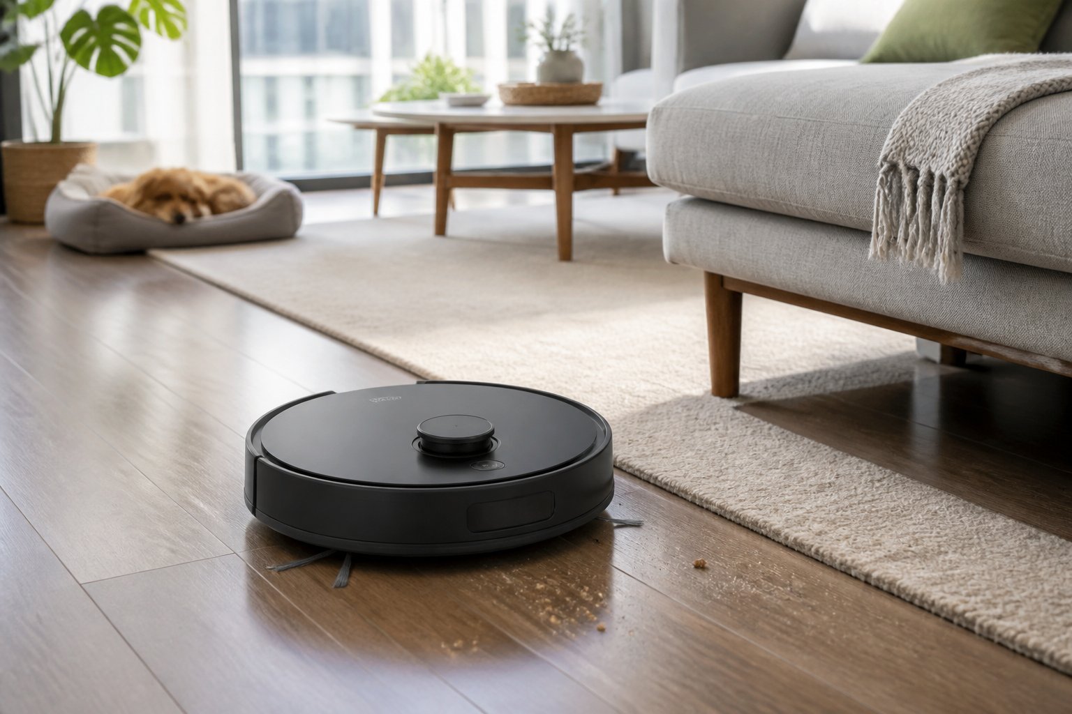 Un aspirateur robot nettoie le sol d’un appartement moderne près d’un canapé et d’un panier pour animal.