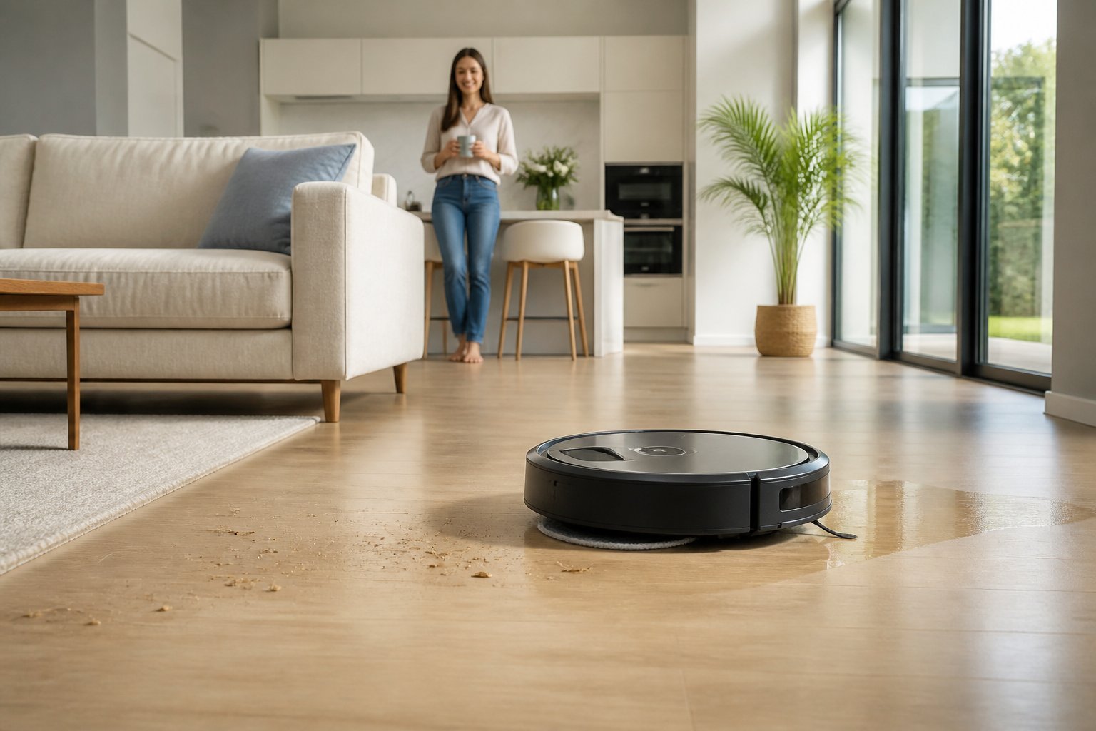 Un aspirateur robot nettoie le sol d’un salon moderne sous le regard d’une personne.