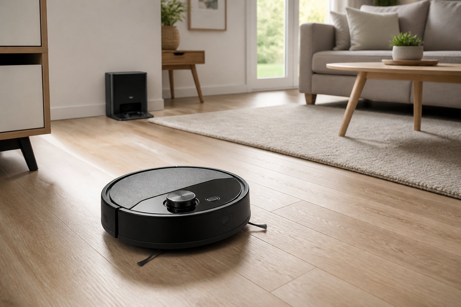 Un aspirateur robot noir et gris nettoie le sol d'un salon moderne près d'un tapis et d'un canapé.