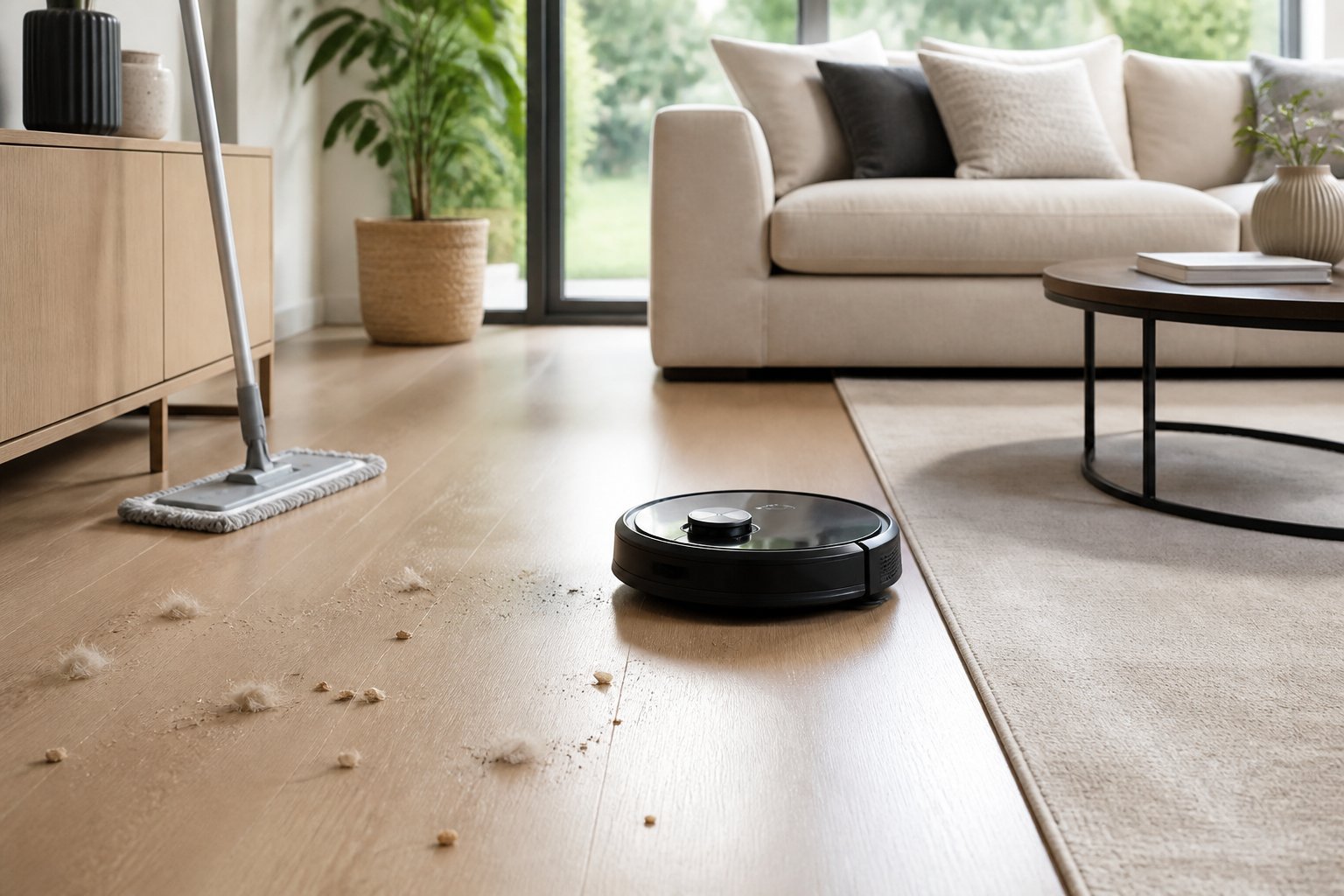 Un aspirateur robot nettoie un salon moderne présentant quelques miettes et de légères traces de saleté.