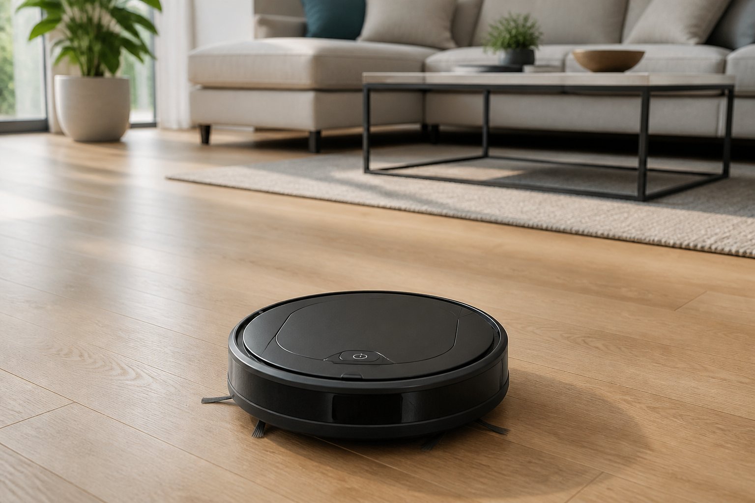 Un aspirateur robot rond nettoie le sol d'un salon moderne et lumineux.