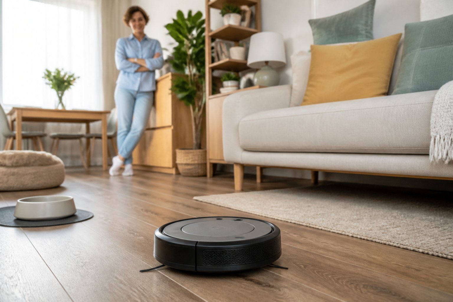 Un petit aspirateur robot nettoie le sol d'un appartement tandis qu'une personne l'observe.