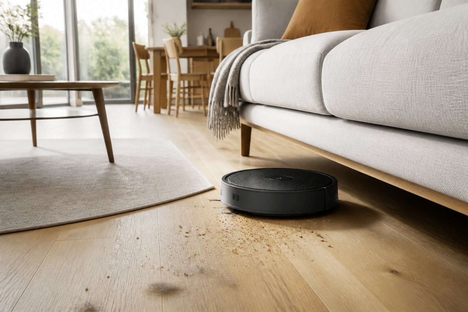 Un aspirateur robot compact nettoie le sol d'un salon moderne sous un canapé.