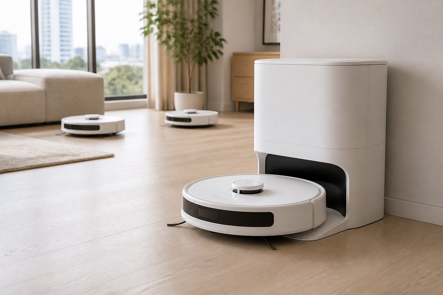 Un aspirateur robot haut de gamme présenté devant sa station de recharge, avec deux modèles similaires en arrière-plan dans un intérieur moderne.