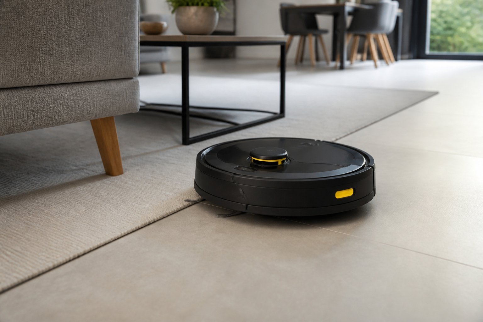 Un aspirateur robot Kärcher RCV 5 nettoie le sol d'un salon moderne.