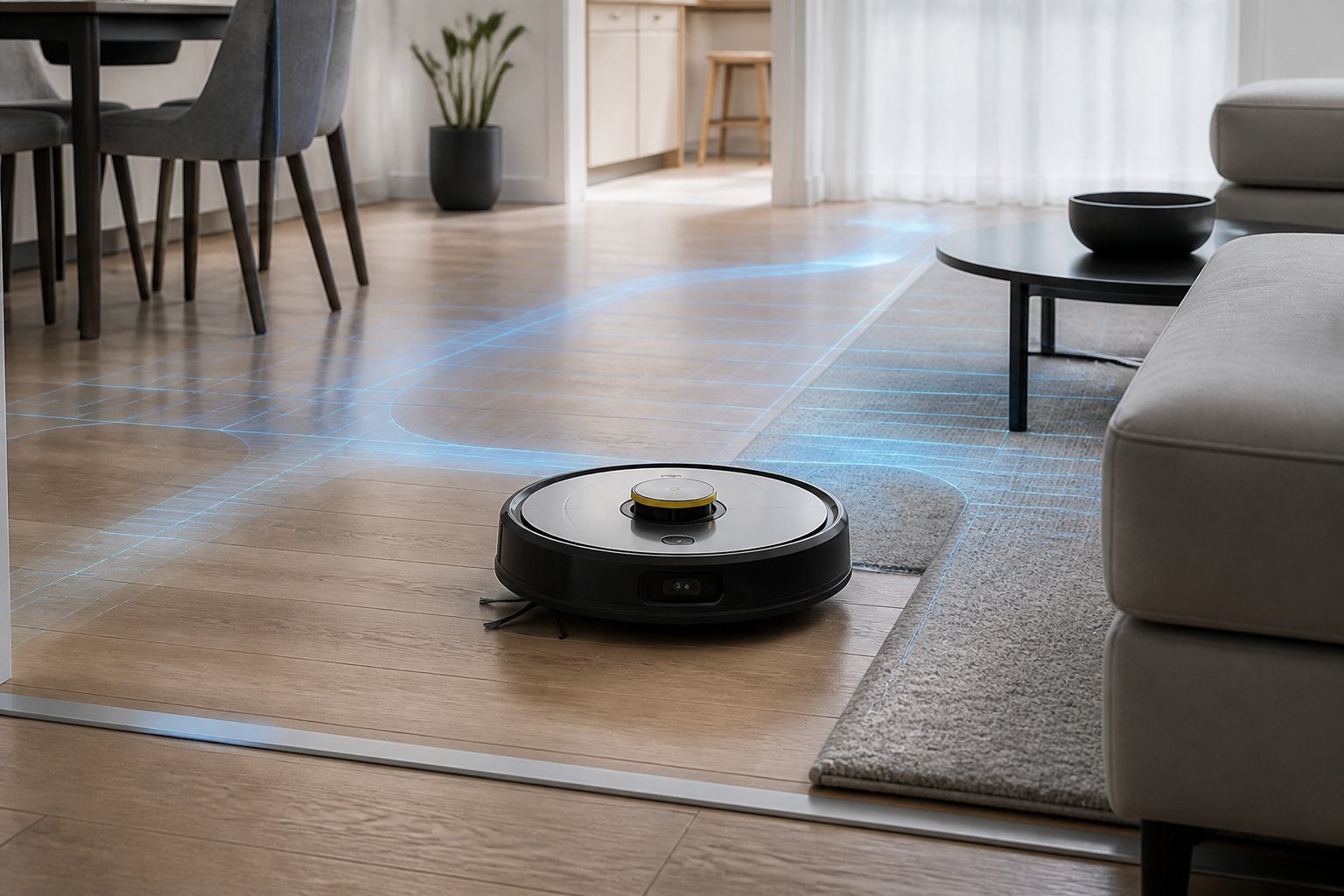 Un aspirateur robot Kärcher RCV 5 cartographie et nettoie le sol d'un salon moderne.