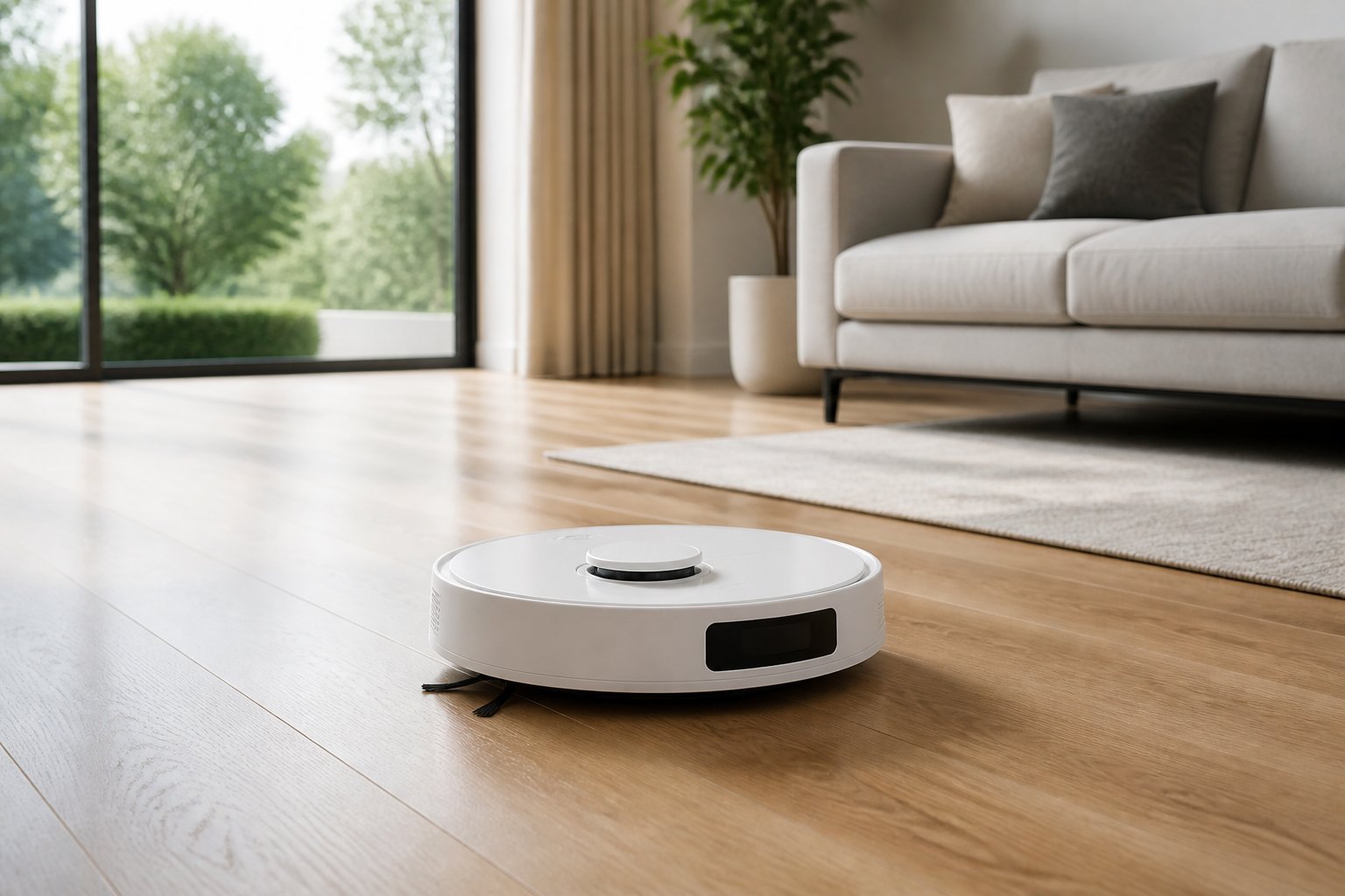 Un aspirateur robot blanc nettoie le sol d'un salon moderne et lumineux.