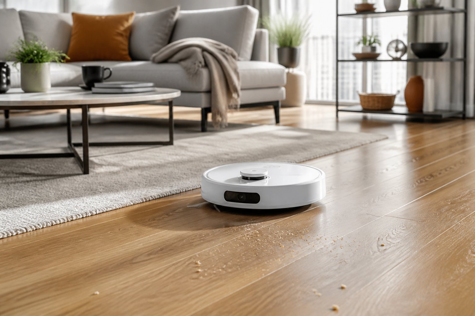 Un aspirateur robot blanc nettoie le sol d'un salon moderne entre un tapis et un parquet.