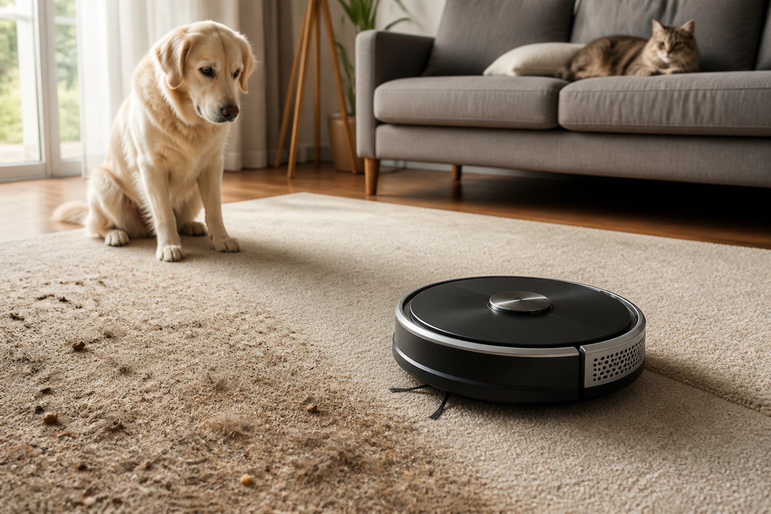 Un aspirateur robot nettoie un tapis dans un salon où un chien et un chat sont présents.