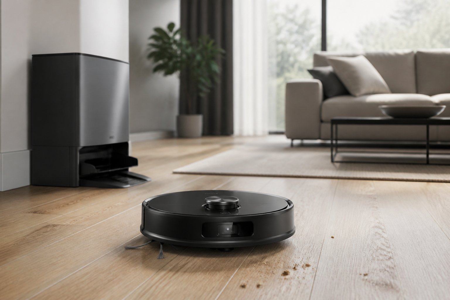 Un aspirateur robot nettoie le sol d’un salon moderne à côté de sa station de charge.