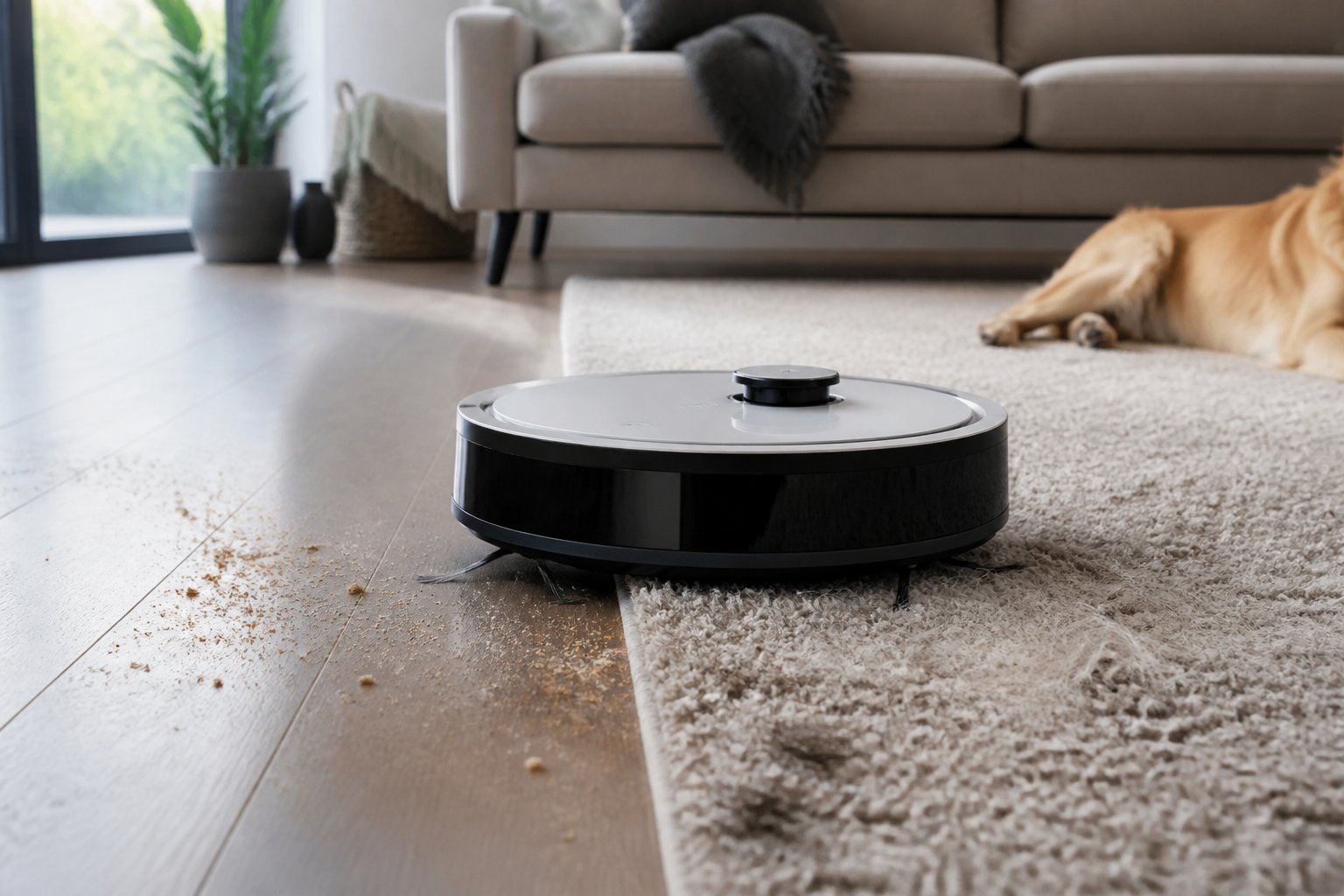 Un aspirateur robot nettoie un sol dur et un tapis couvert de poussières et de poils d’animaux.