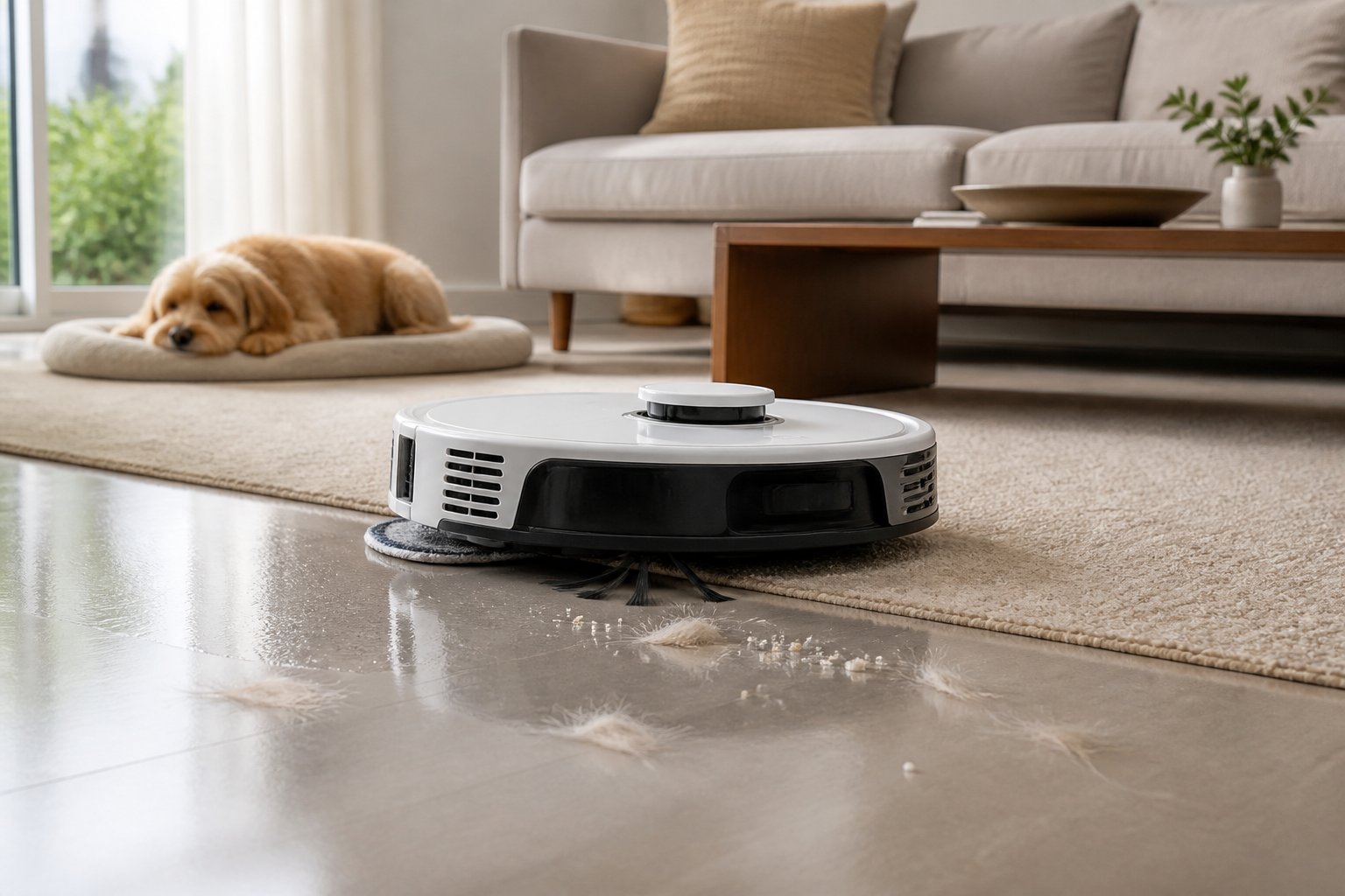 A robot vacuum cleaner mops a living room floor beside a rug, with a dog resting in the background.