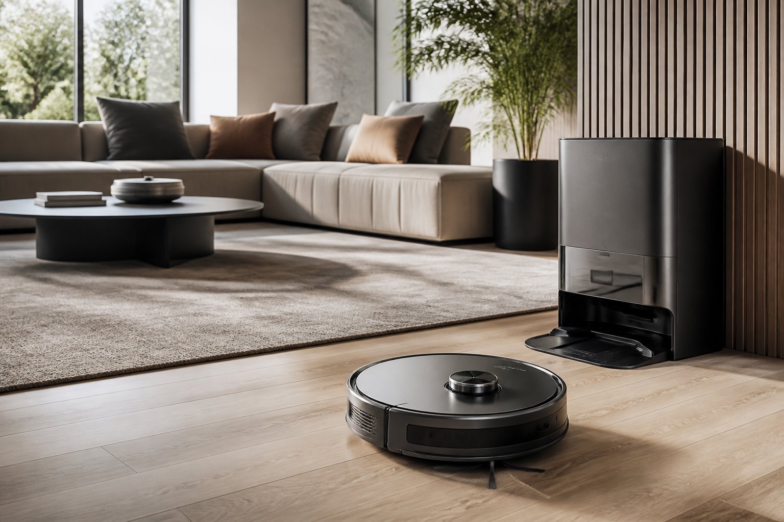 Un aspirateur robot haut de gamme nettoie le sol d'un salon contemporain lumineux.