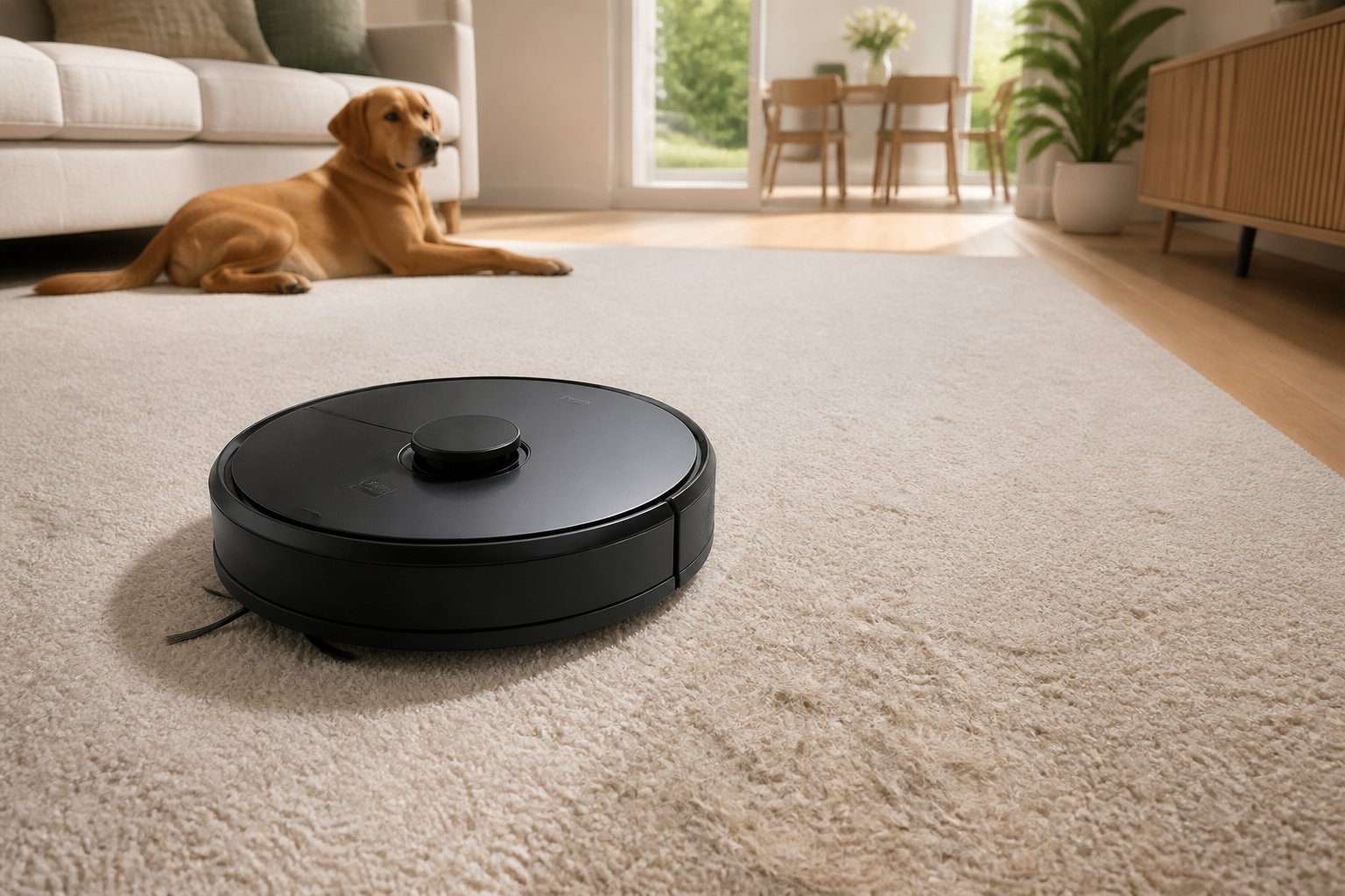Un aspirateur robot nettoie un tapis dans un salon tandis qu'un chien repose près du canapé.