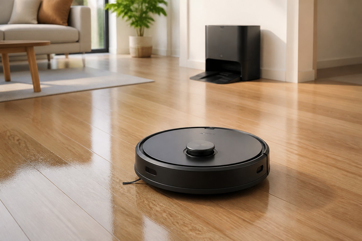 Aspirateur robot rond installé sur un sol en bois clair devant sa station de recharge dans un intérieur moderne.