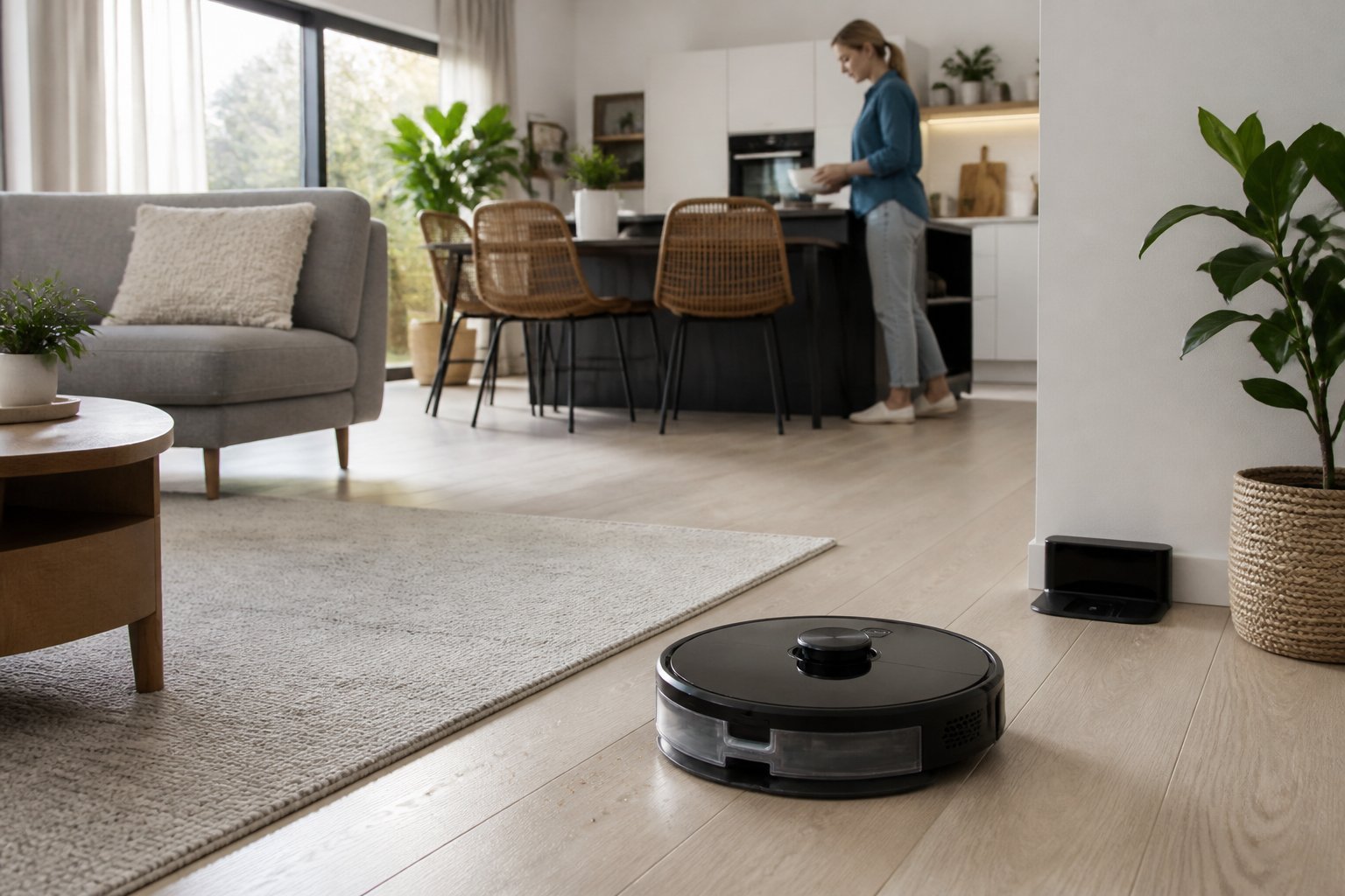 Un aspirateur robot laveur nettoie le sol d'un intérieur moderne entre le salon et la cuisine.