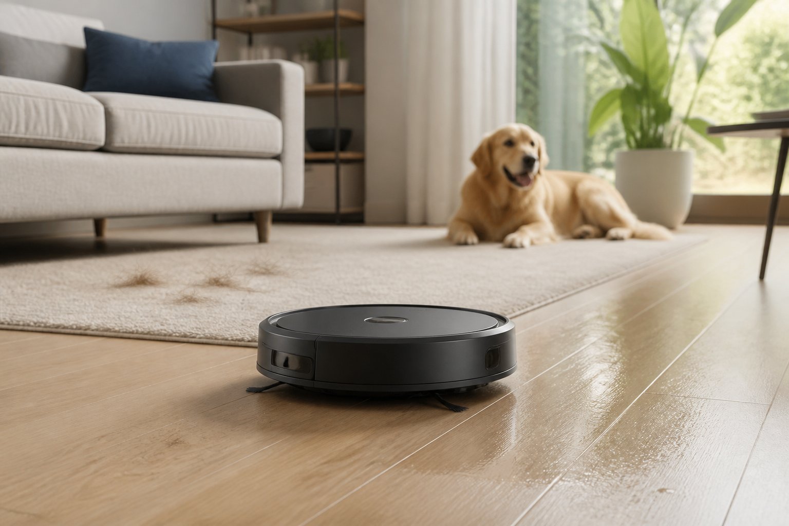 Un aspirateur robot lave un sol dur près d'un tapis, avec quelques poils d'animal dans un intérieur lumineux.
