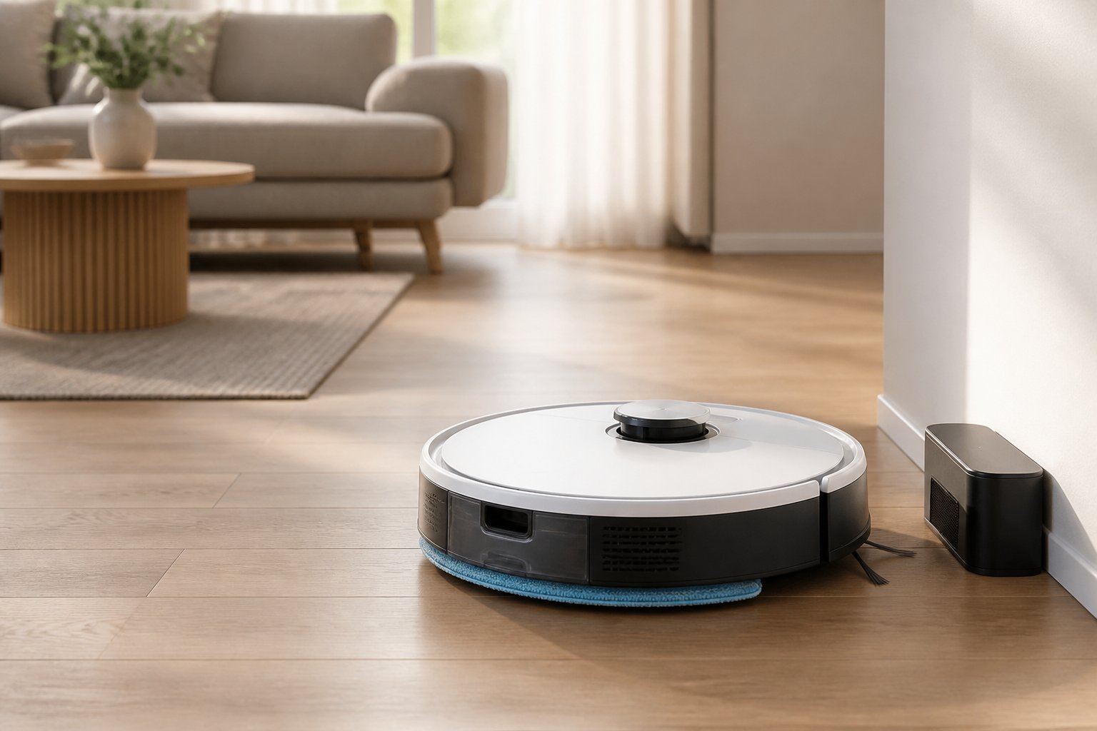 Un aspirateur robot blanc et gris posé sur le sol d'un salon moderne et lumineux, près de sa station de charge.