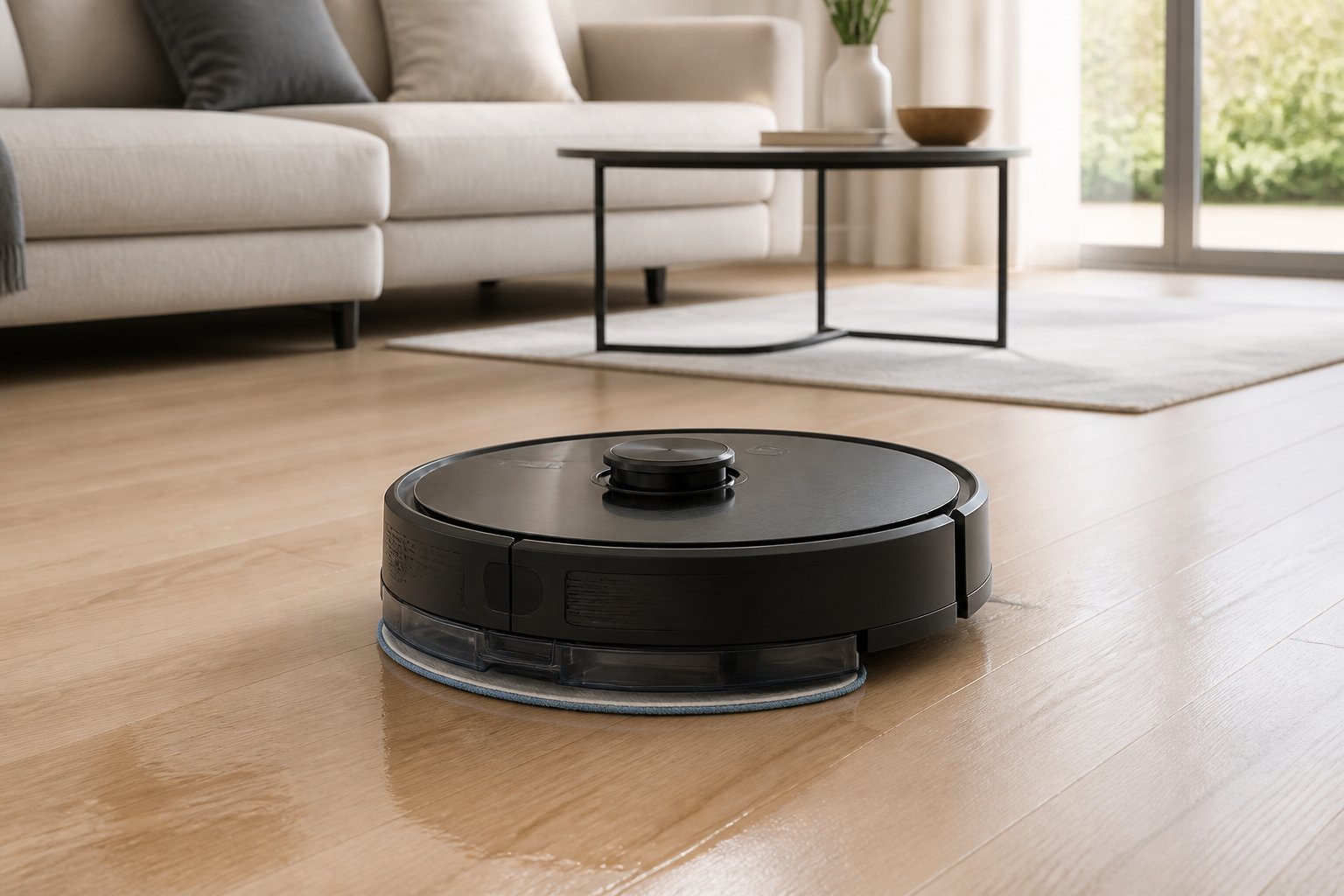 Un robot aspirateur laveur noir se déplace sur le sol clair d'un salon moderne et lumineux.