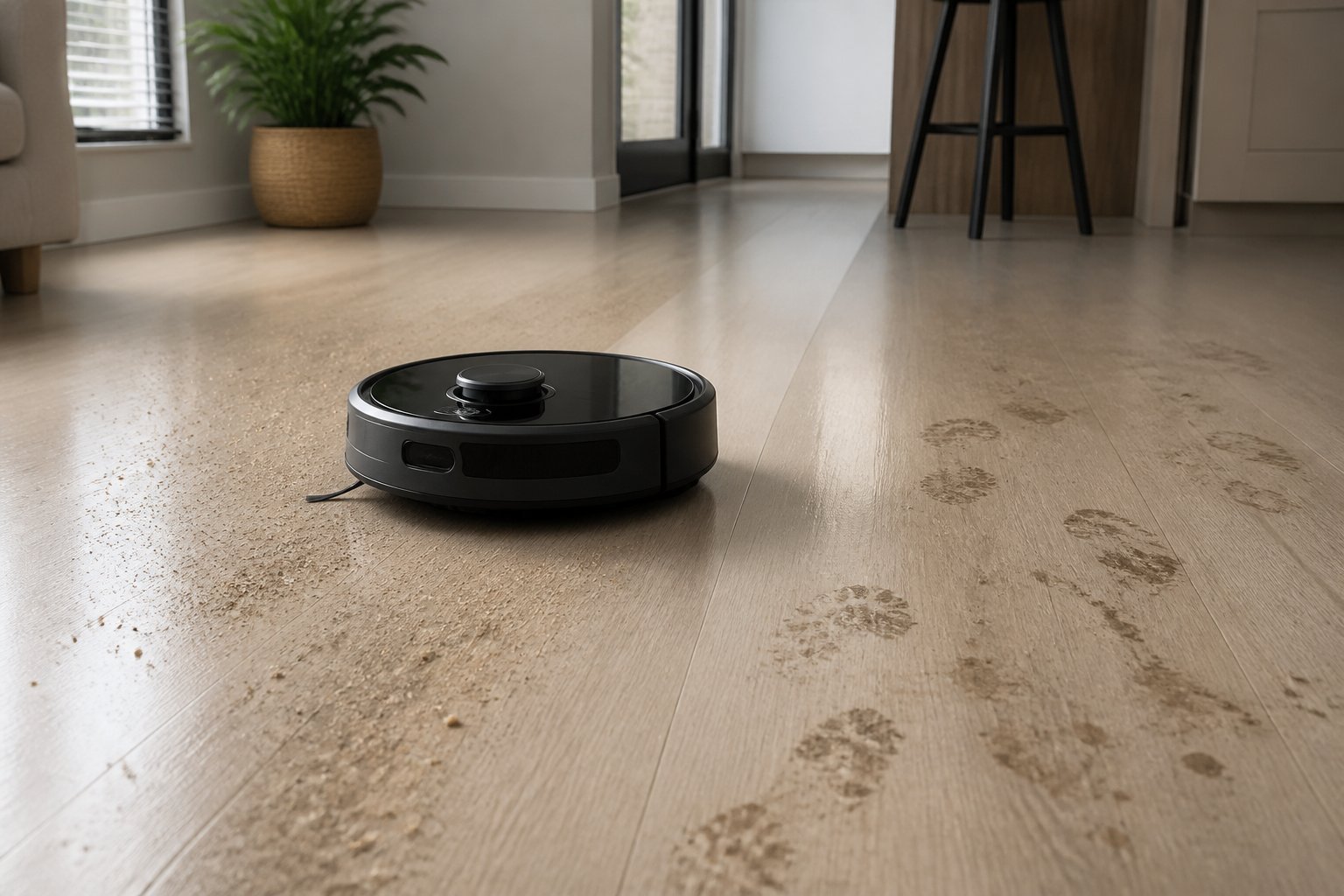 Un aspirateur robot nettoie un sol présentant de légères poussières et quelques traces de saleté.