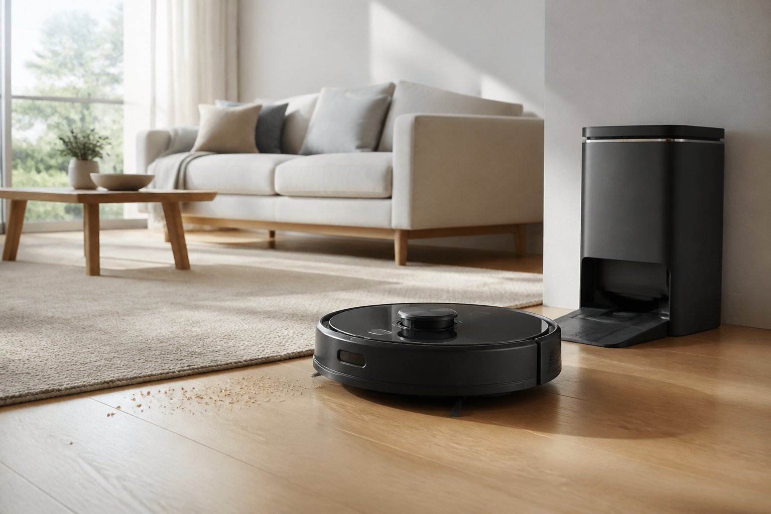Un aspirateur robot moderne nettoie le sol d'un salon lumineux près de sa station de recharge.