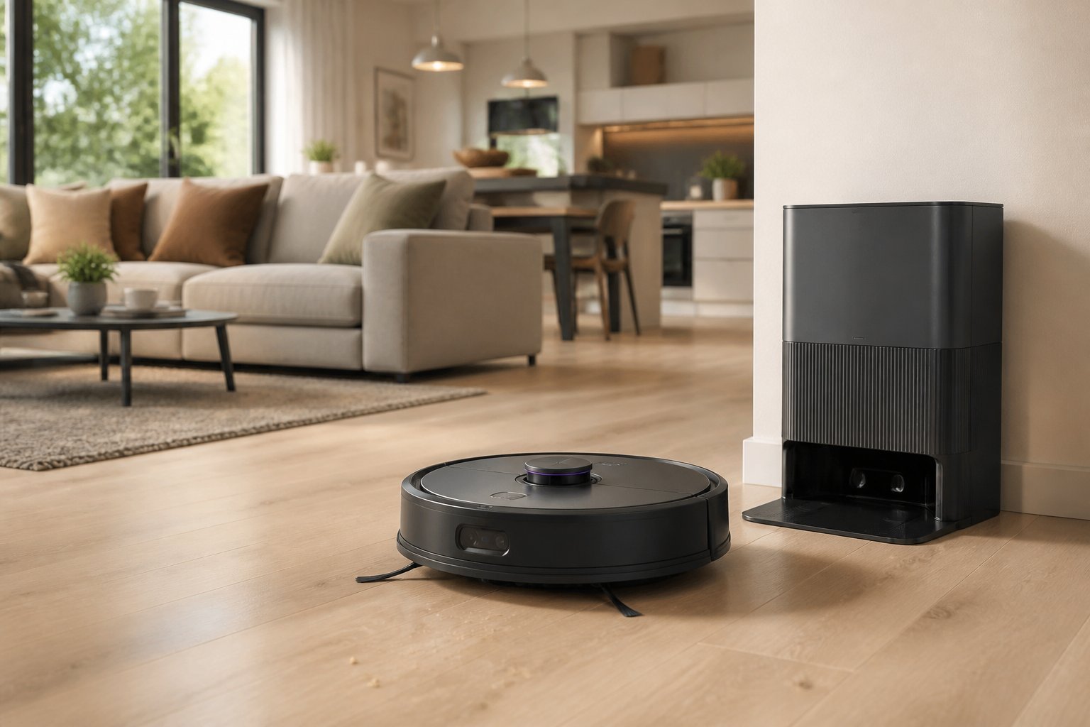 Un aspirateur robot posé devant sa station dans un salon moderne et lumineux.